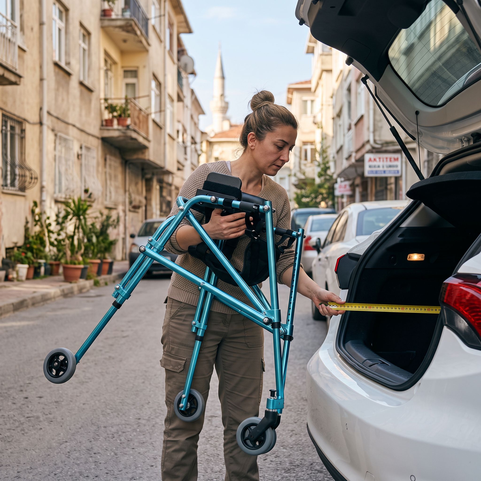 Bagaja yerleştirilen katlanabilir ters walker ve ölçüm yapan bir kullanıcı
