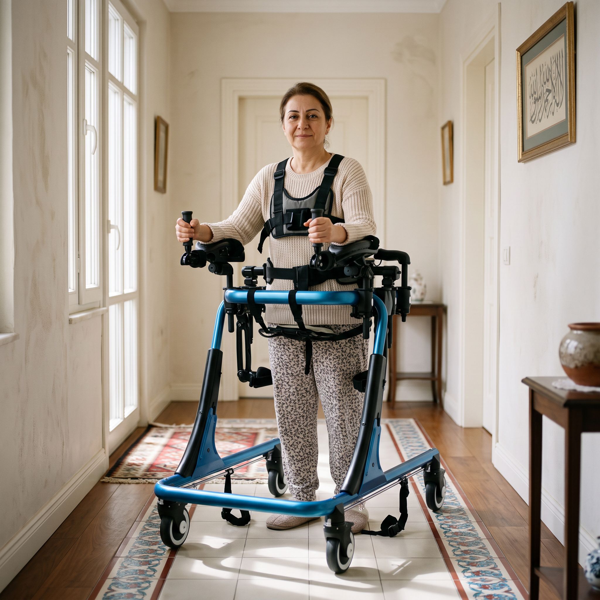 Ev içinde ters walker kullanan bir yetişkinin doğal ve güvenli görünümü
