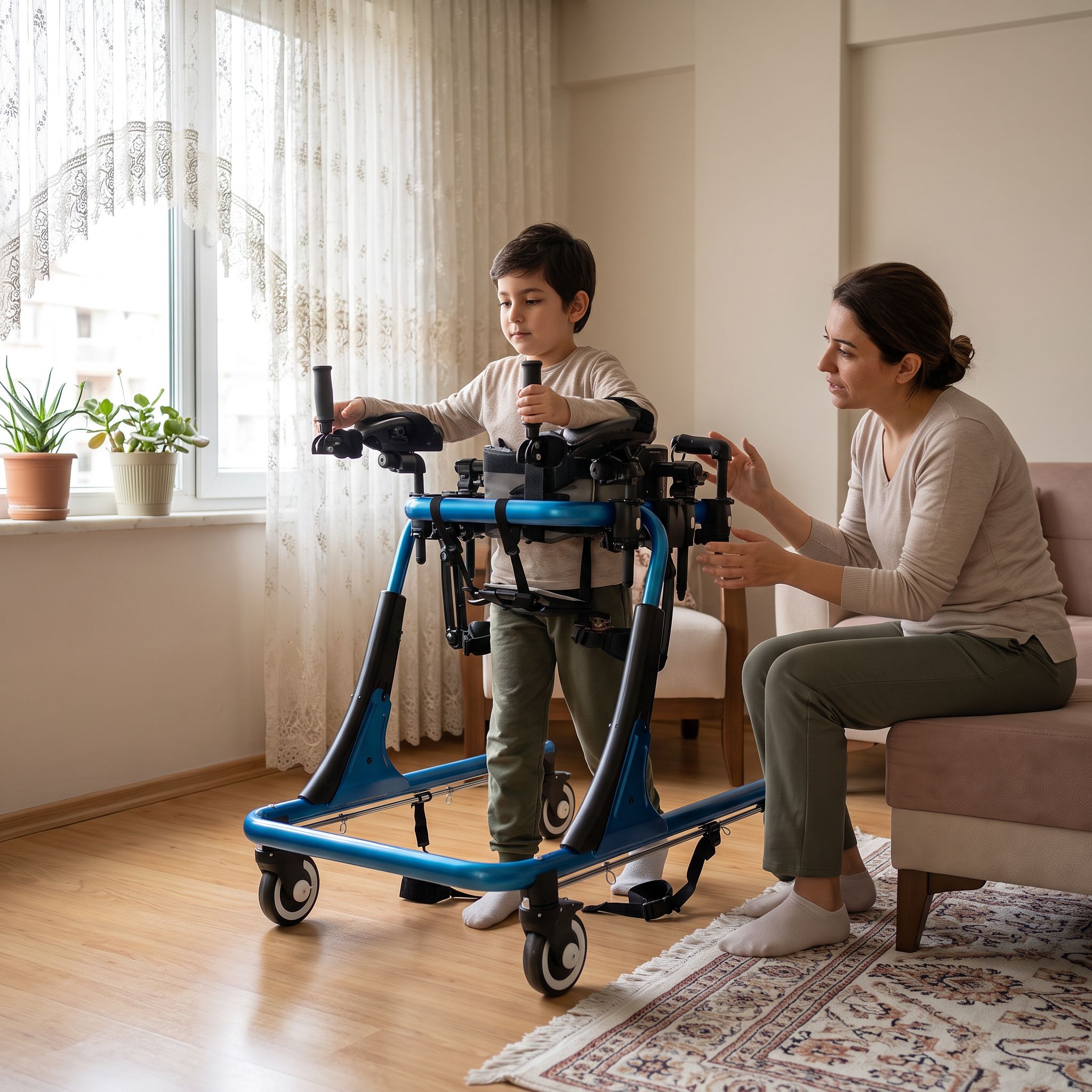 Yeni başlayan bir kullanıcının ters walker ile güvenli adım attığı gerçekçi sahne