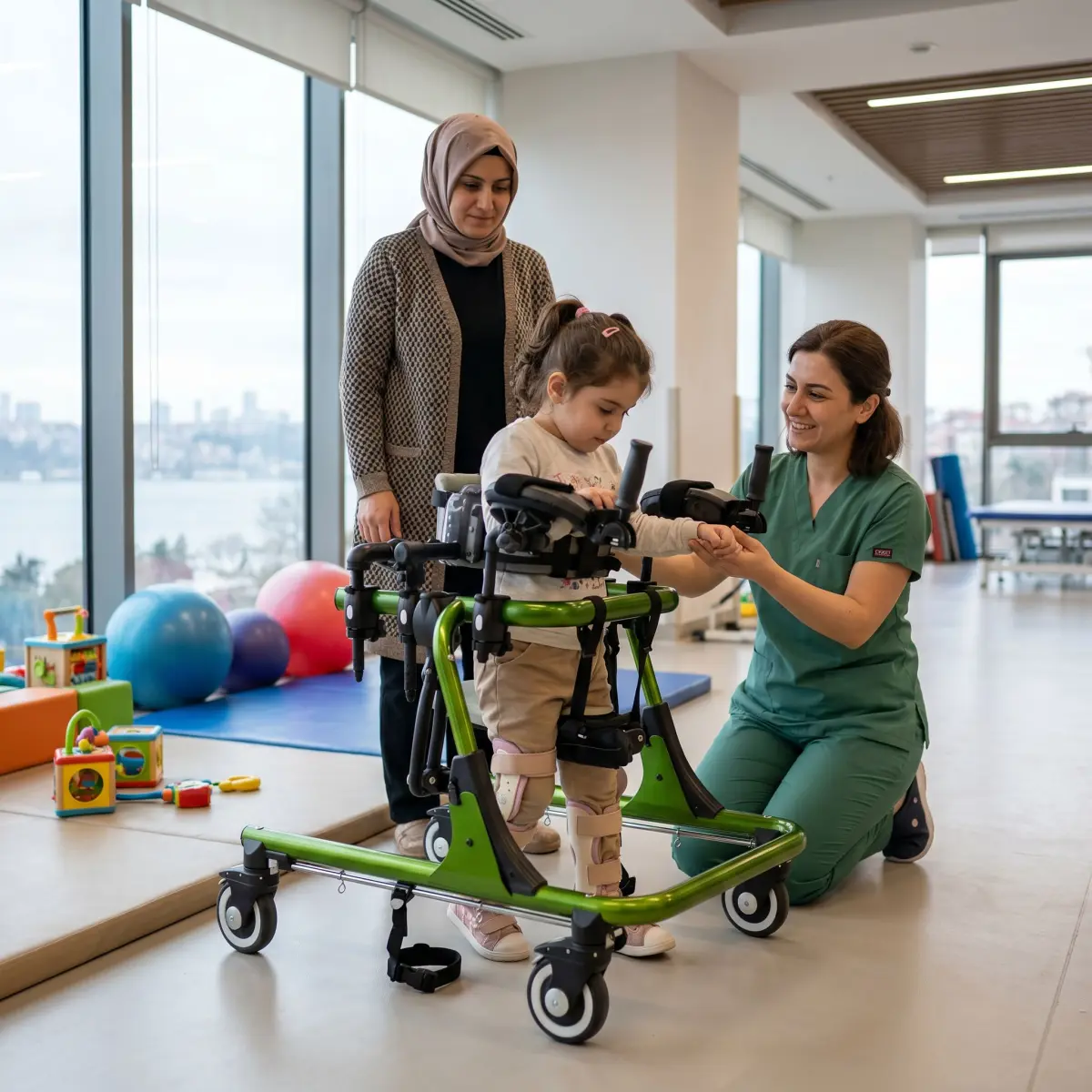 Fizyoterapist eşliğinde ters walker kullanan çocuk