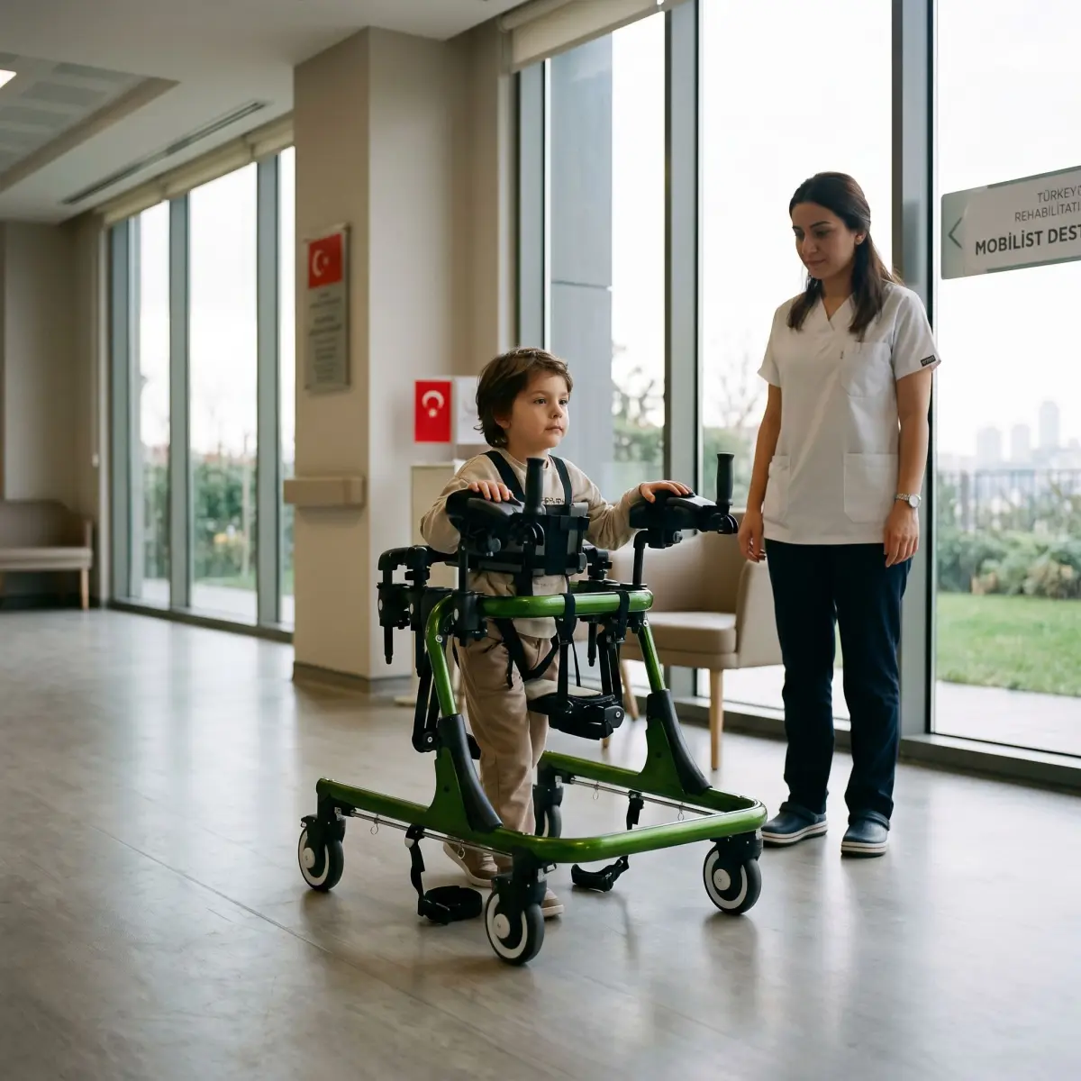 Rehabilitasyon merkezinde ters walker kullanan genç kullanıcı ve yanında uzman desteği