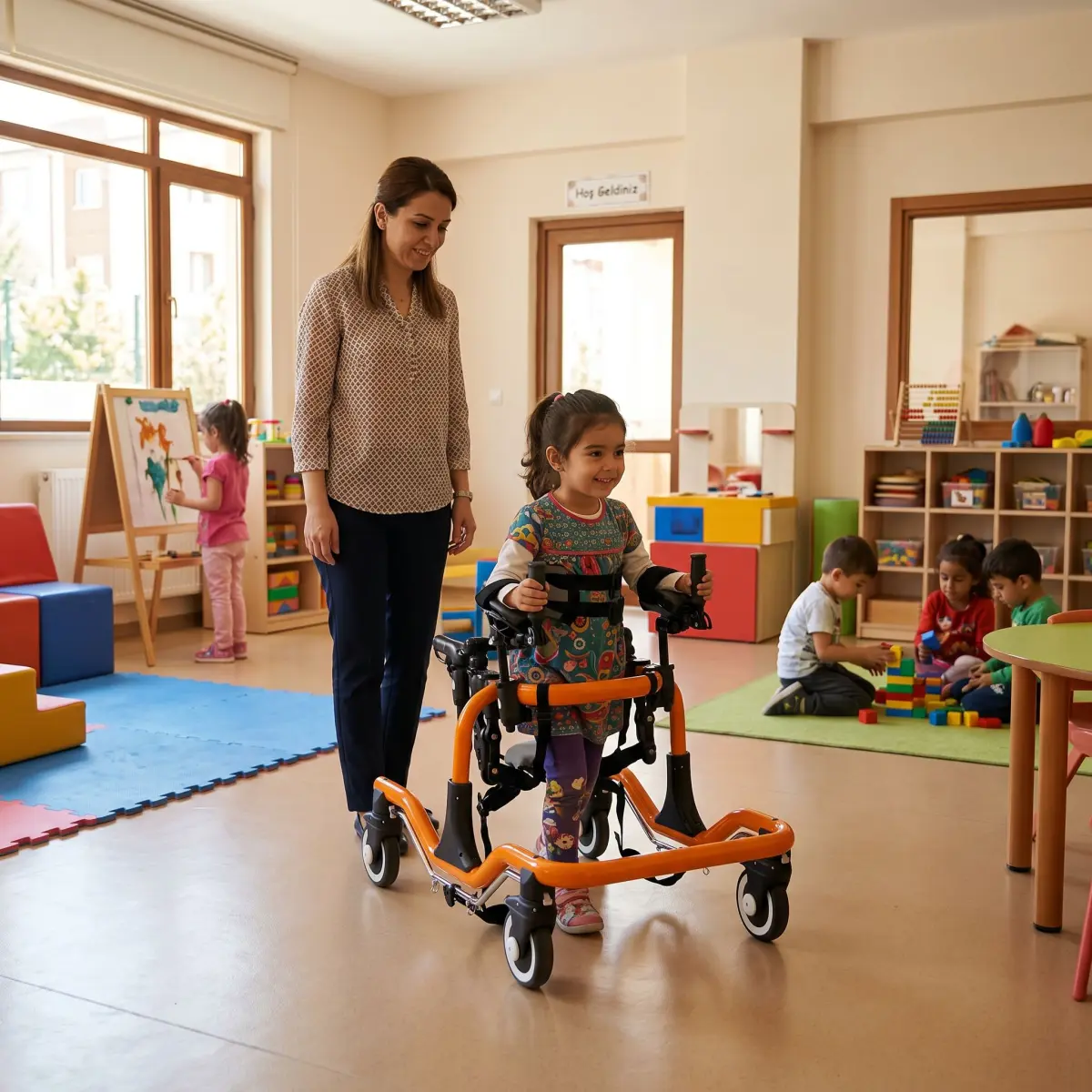 Kreşte öğretmen gözetiminde pediatrik ters walker kullanan çocuk