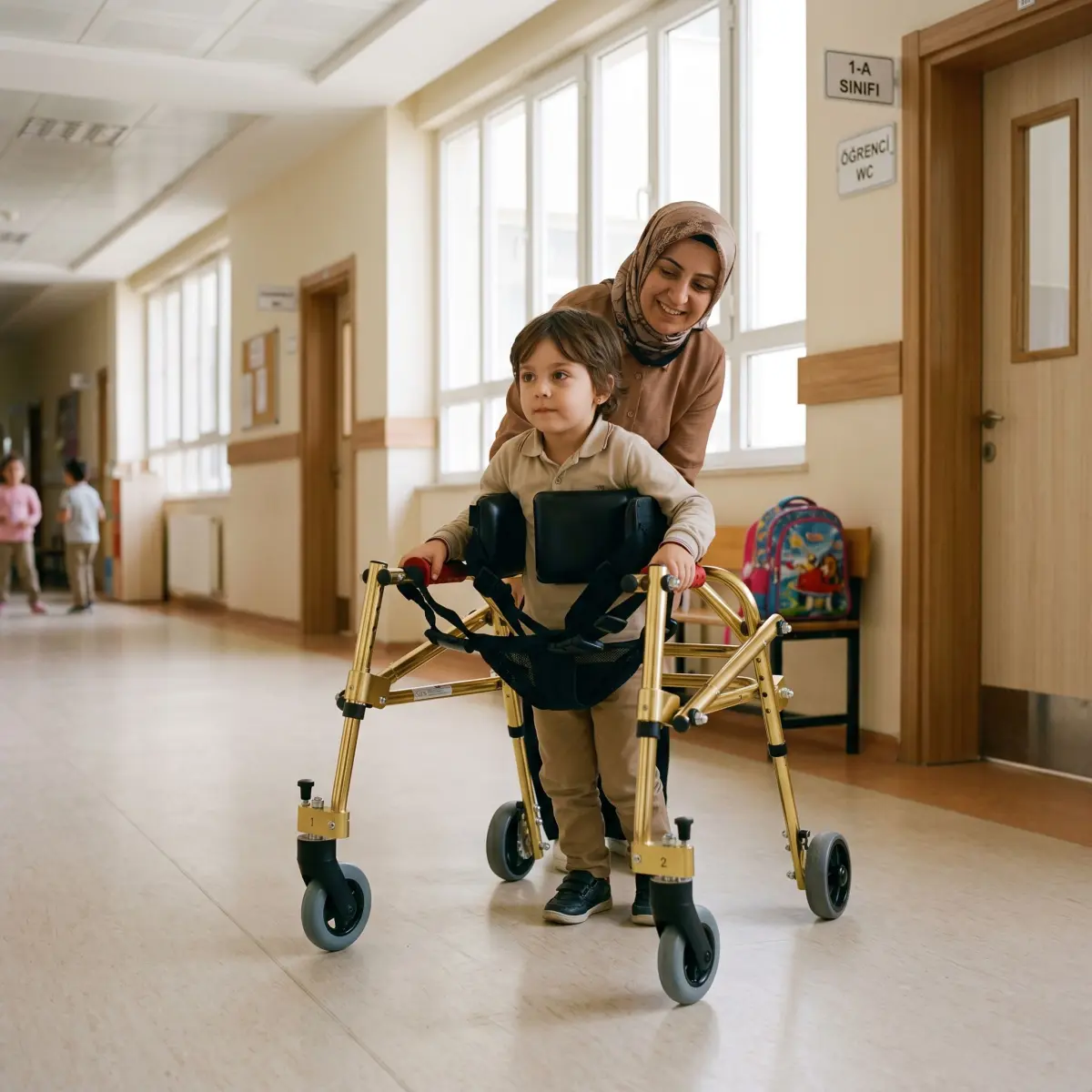 Okul koridorunda pediatrik ters walker kullanan çocuk ve yanında destek veren yetişkin
