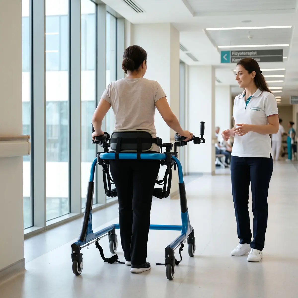 Bir yetişkinin fizyoterapist eşliğinde ters walker kullanarak yürüyüş çalışması yapması