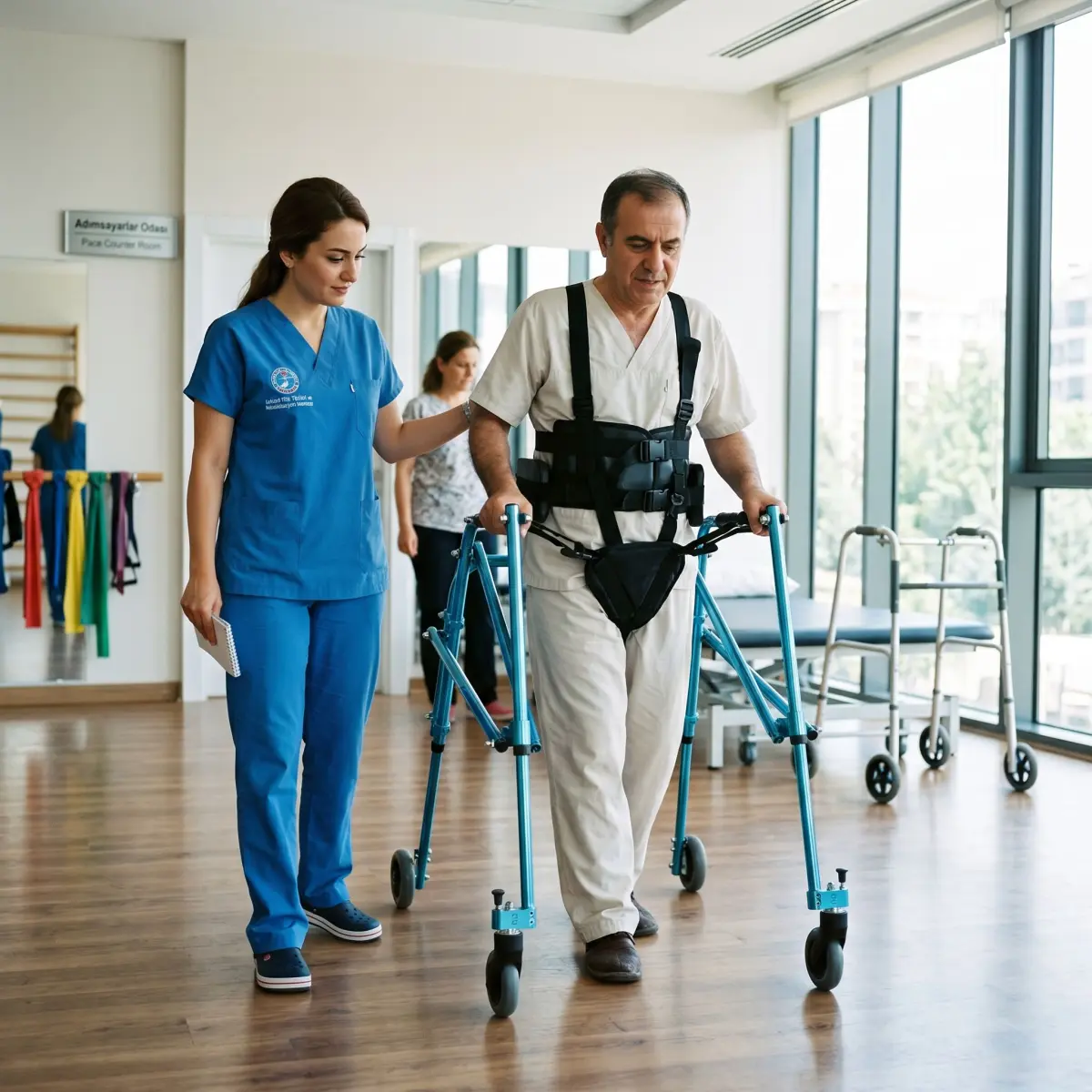 Rehabilitasyon merkezinde ters walker deneyen yetişkin kullanıcı ve yanında fizyoterapist