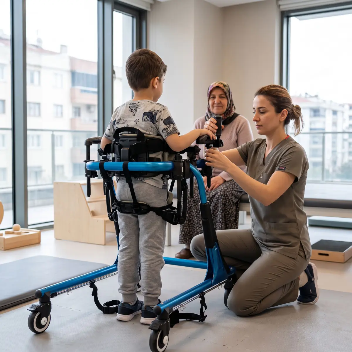 Fizyoterapistin large ters walker tutma kolu yüksekliğini kontrol ettiği gerçekçi klinik sahnesi