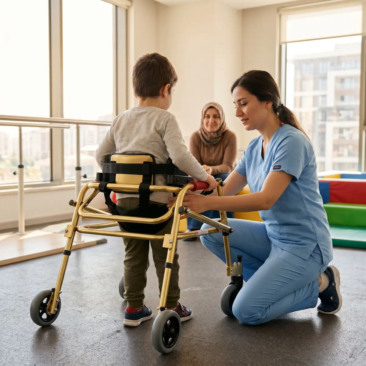 Serebral palsili bir çocuğun fizyoterapist eşliğinde pediatrik ters walker ile yürüme pratiği yapması