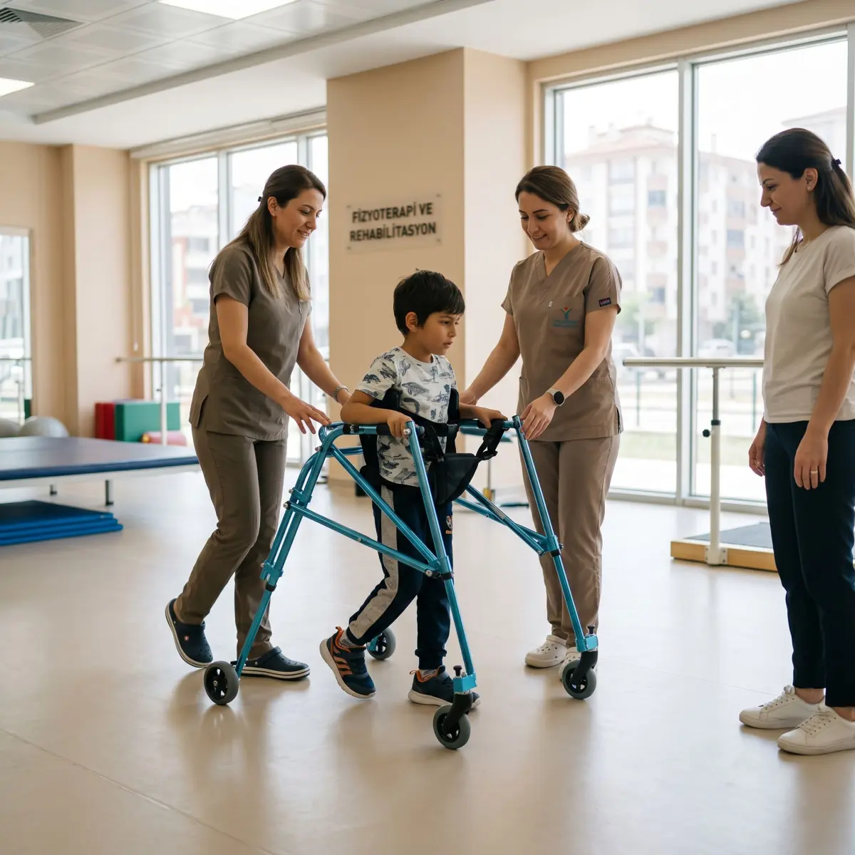 Rehabilitasyon kliniğinde ters walker kullanan çocuk ve yanında fizyoterapist