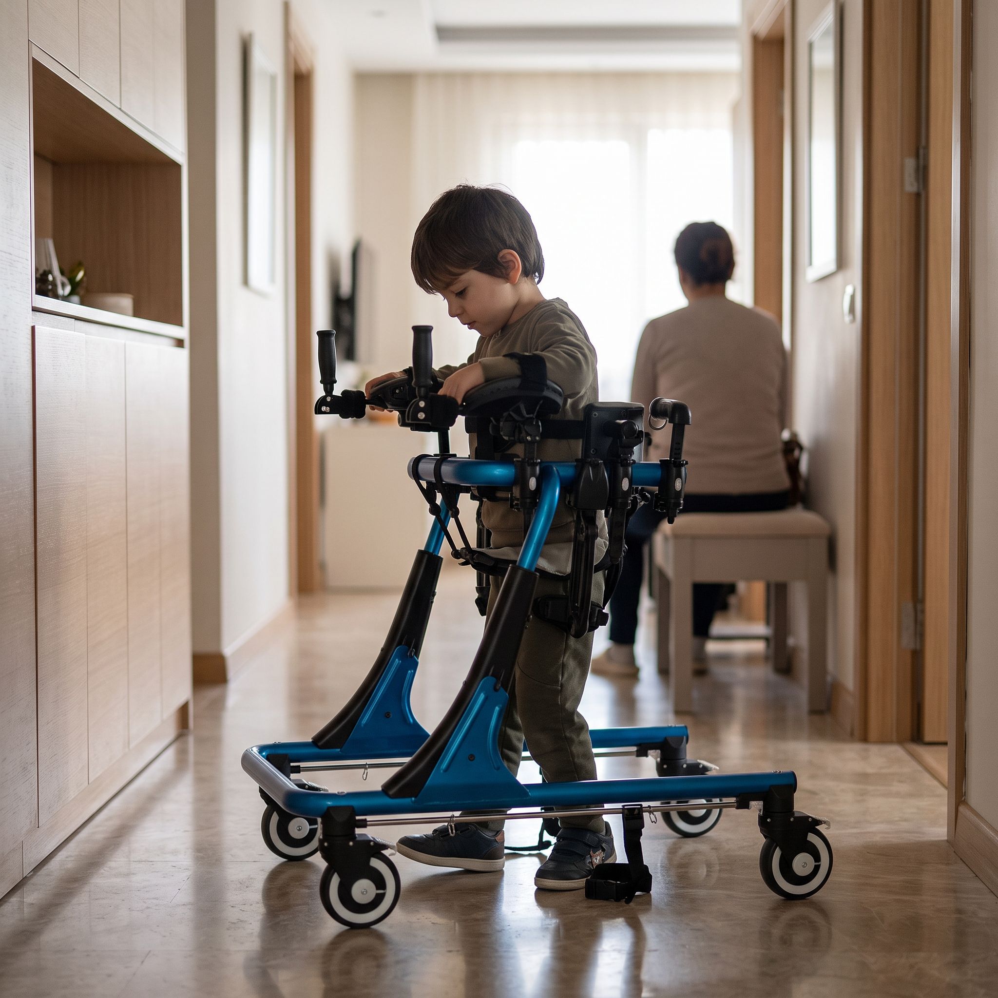 Ev içinde ters walker kullanan bir çocuğun güvenli ve düzenli bir ortamda ilerleyişi
