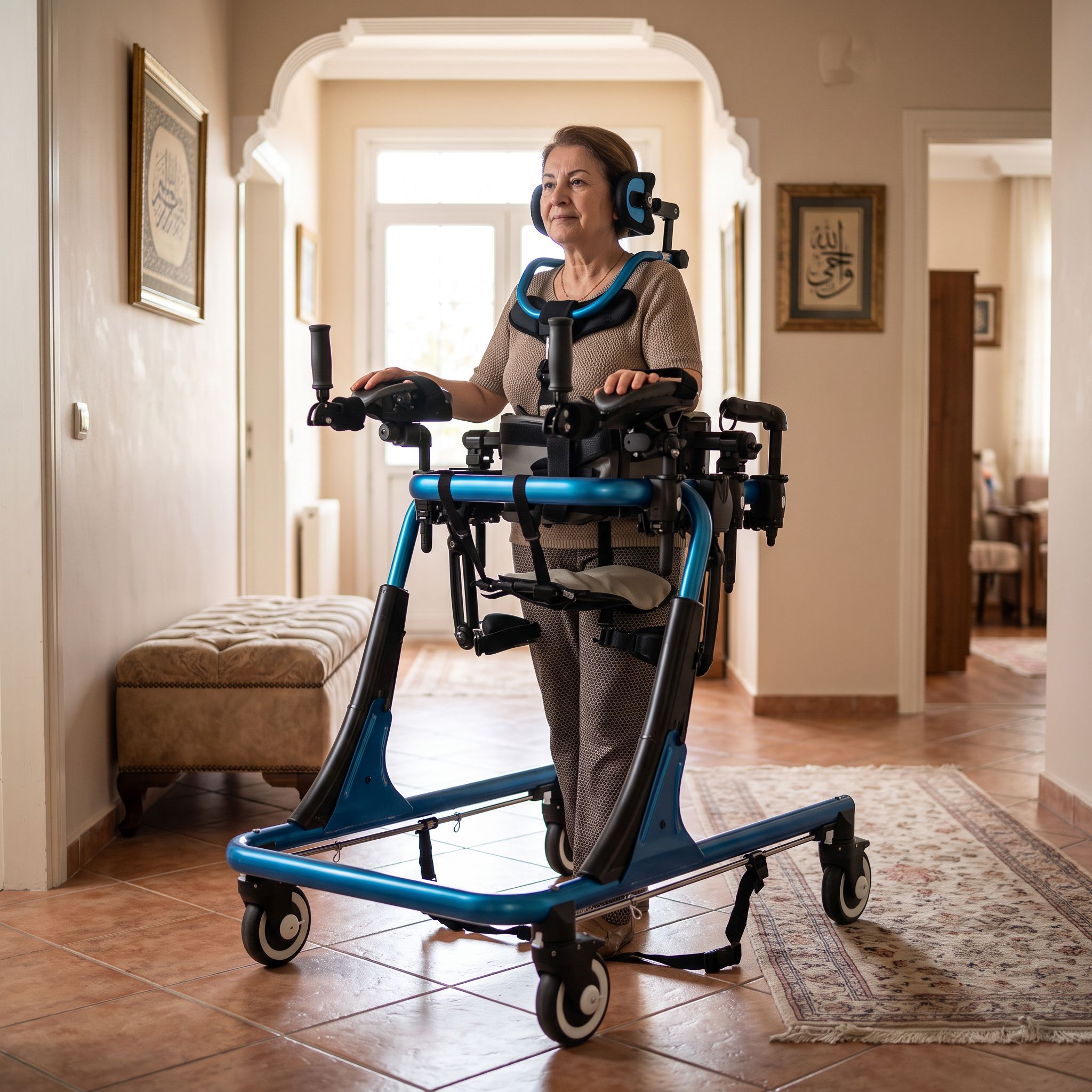 Bir kişinin ev içinde ters walker ile dengeli yürüyüş yapması