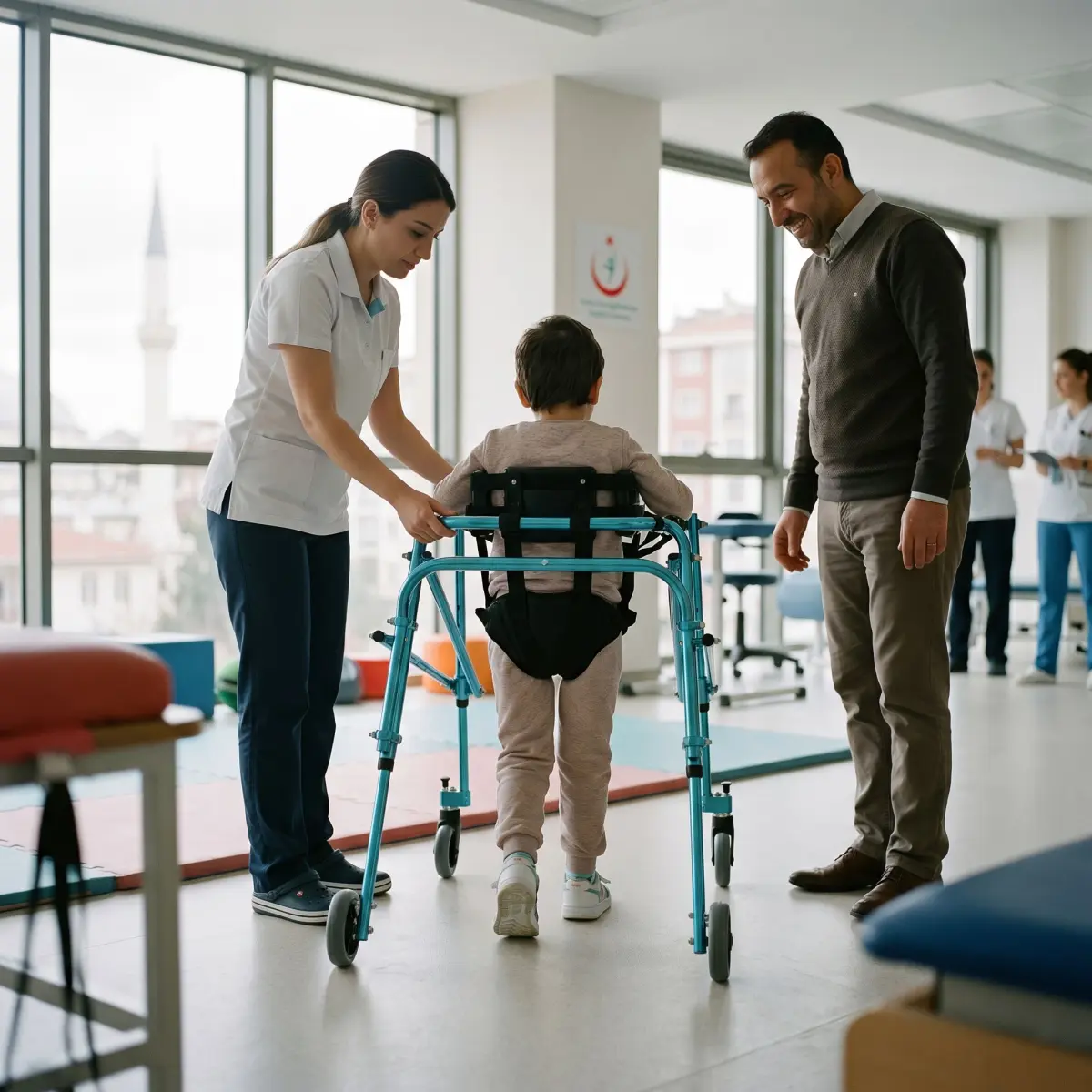 Nimbo Walker aksesuarlarıyla yürüyüş denemesi yapan çocuk ve fizyoterapist