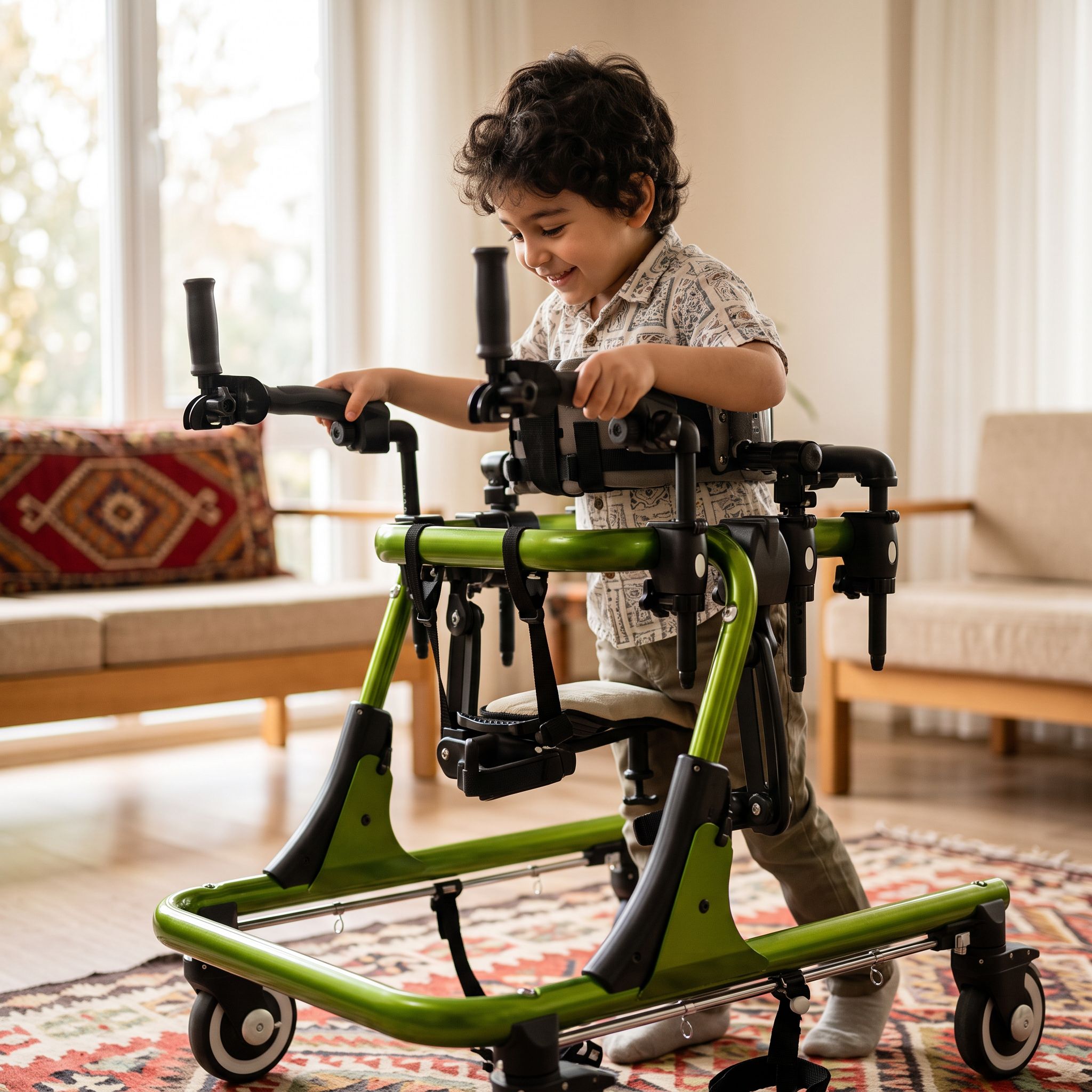 Orta boy ters walker kullanan çocuk, ayarlanabilir tutma kolu ve katlanabilir yapısıyla