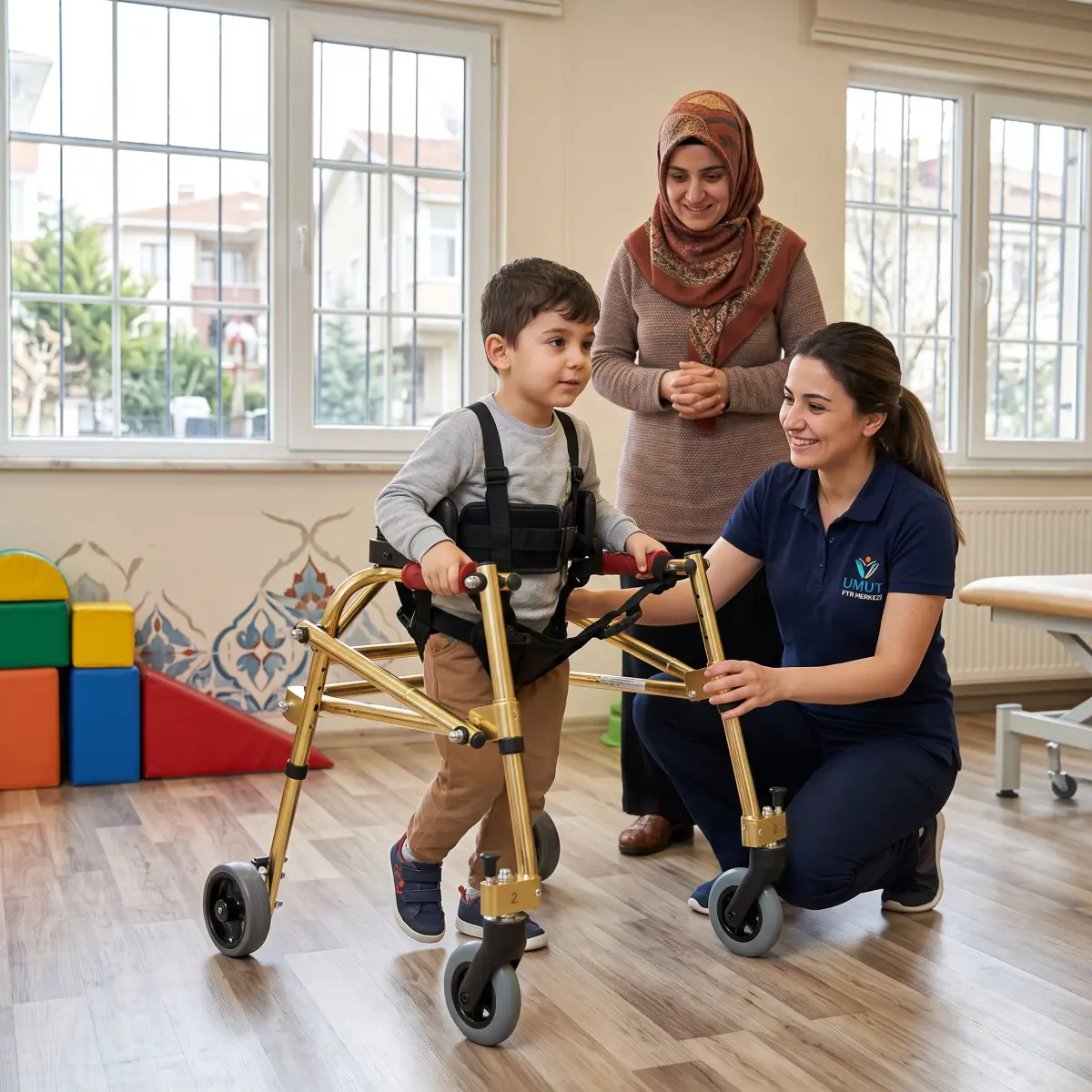 Pediatrik ters walker ile fizyoterapist eşliğinde yürüyüş çalışması yapan çocuk