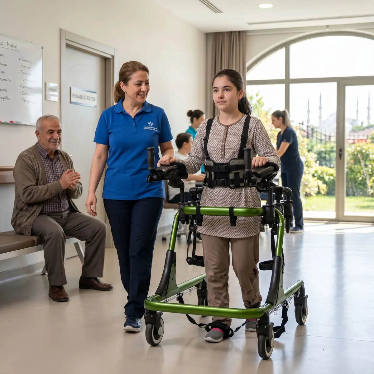 Rehabilitasyon merkezinde genç bir kullanıcının ters walker ile güvenli şekilde yürüme çalışması