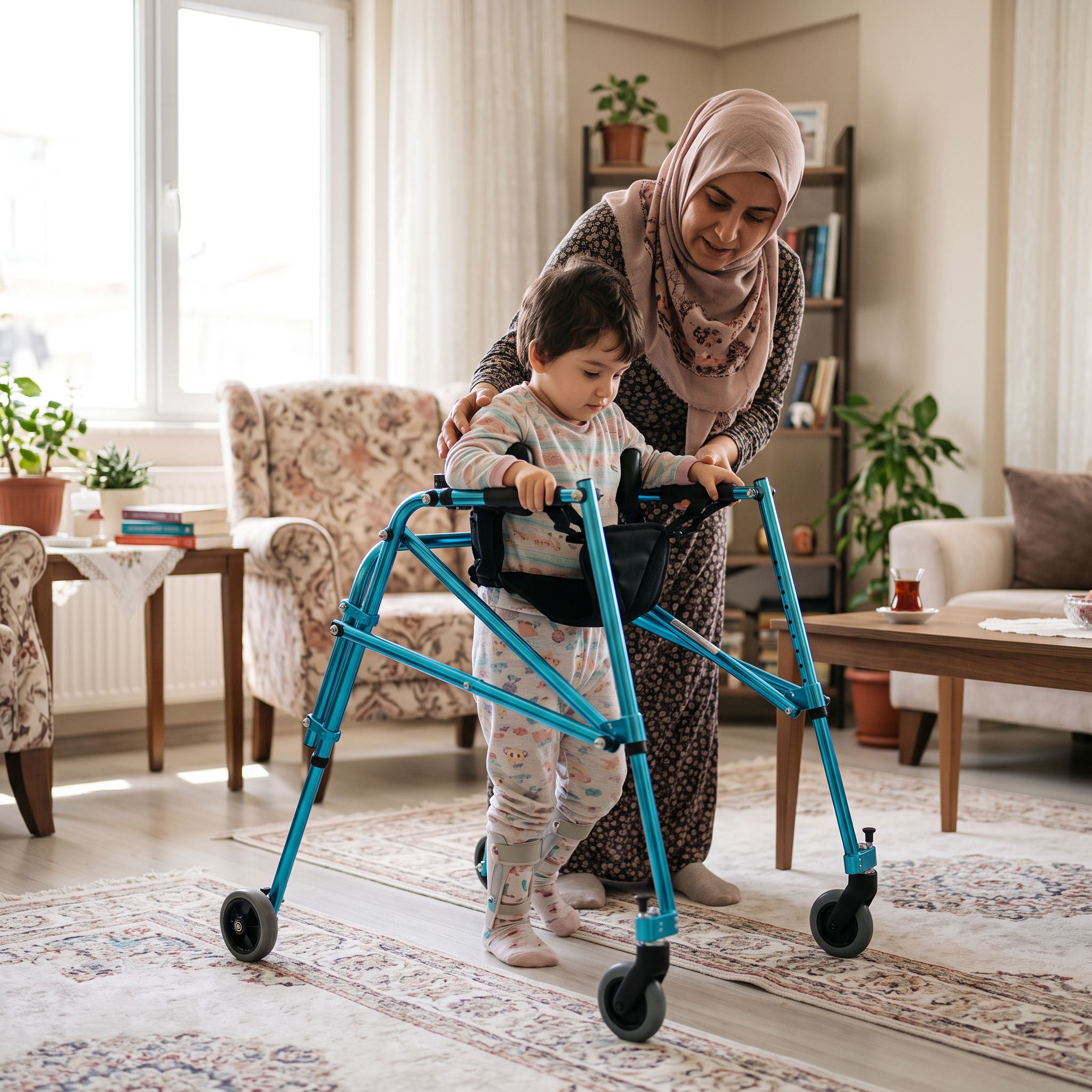 Bir çocuğun ters walker ile güvenli şekilde yürüme pratiği yaptığı gerçekçi sahne