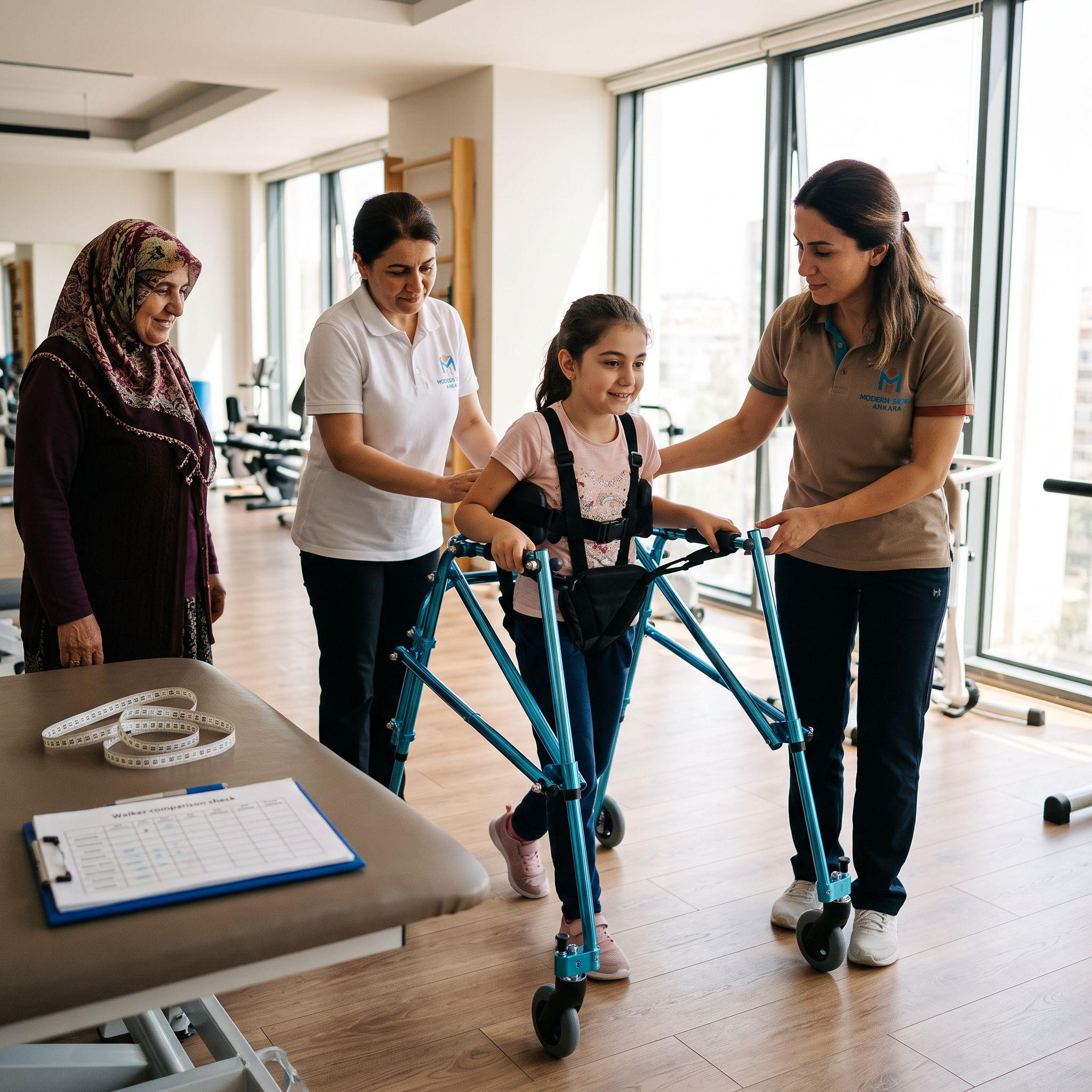 Rehabilitasyon merkezinde ters walker ölçüsü ve model seçimi yapan kullanıcı