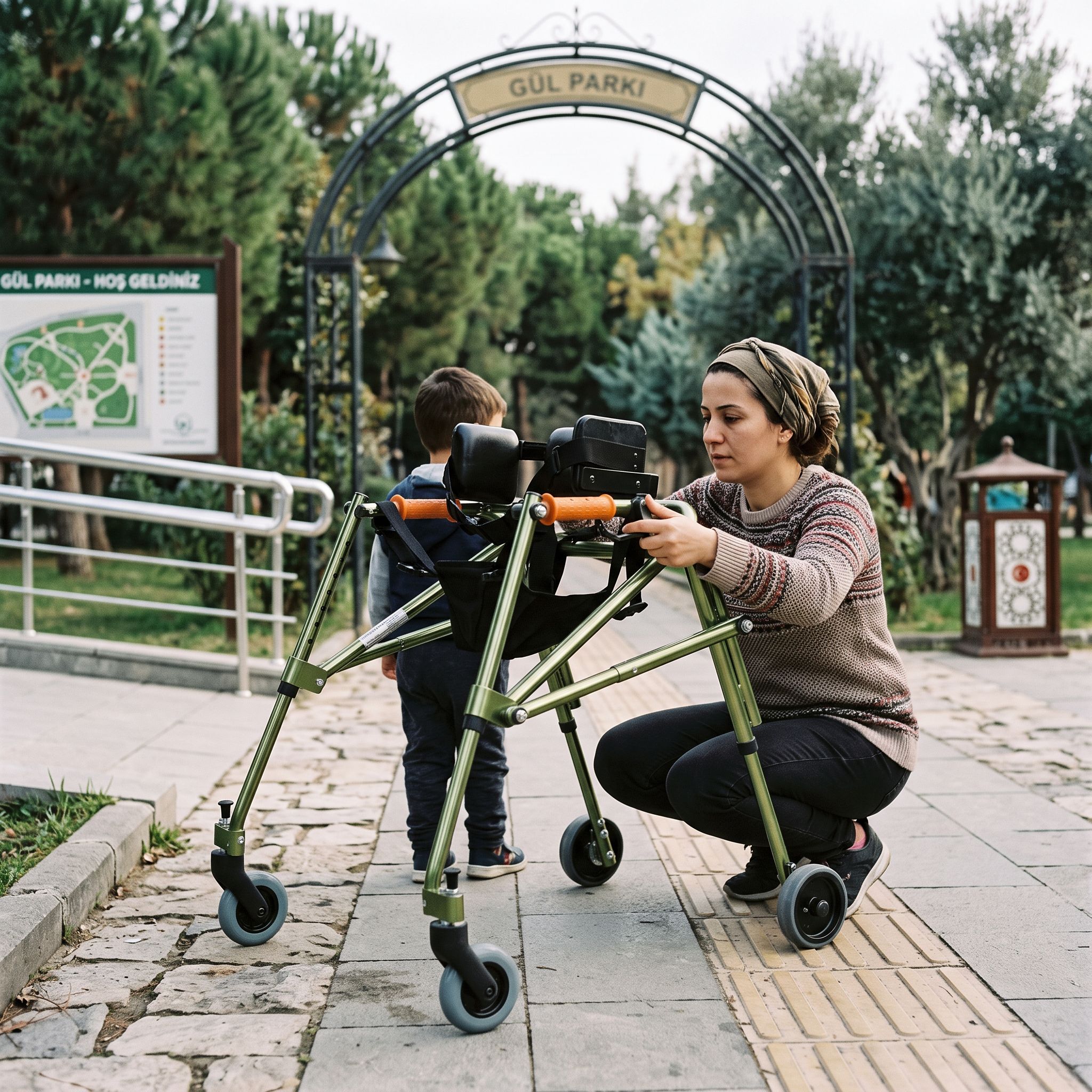Dış mekana çıkmadan önce kontrol edilen medium ters walker ve yanında kullanıcı