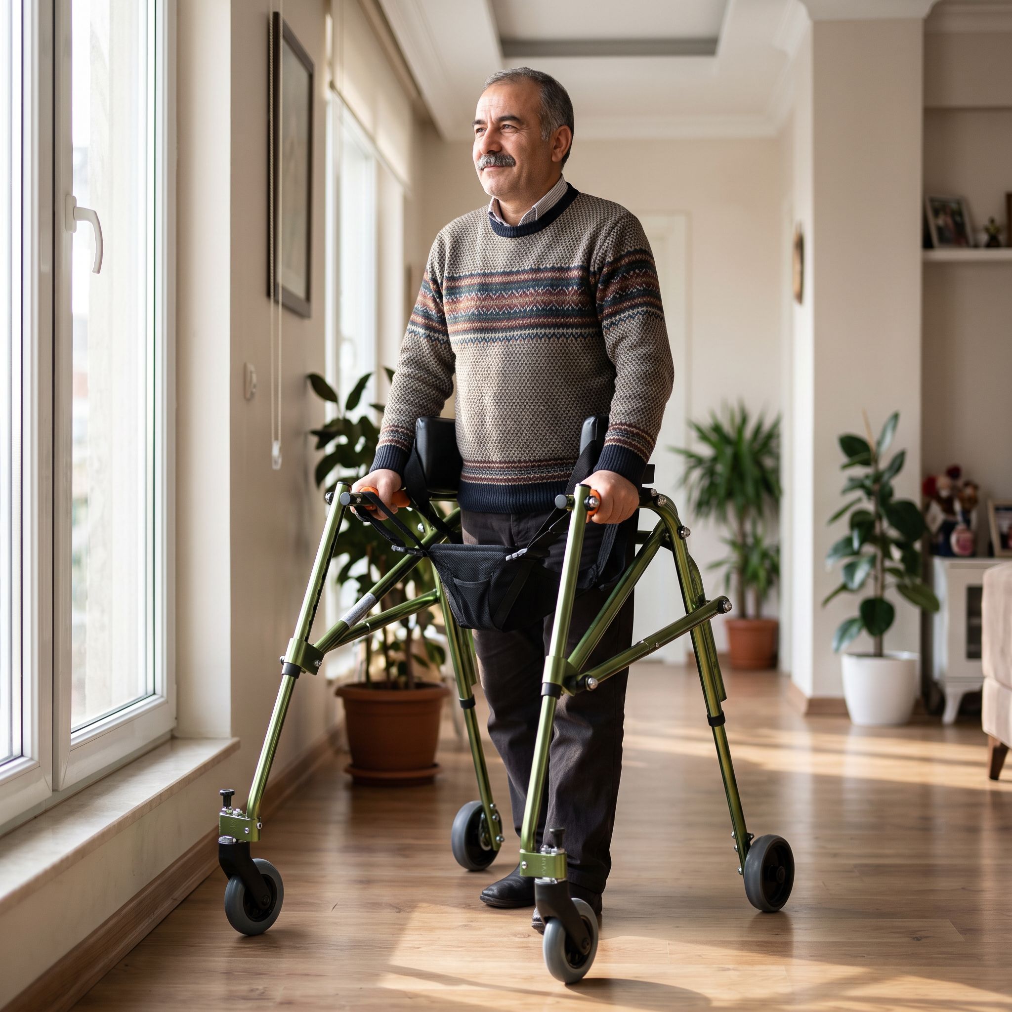 Ev içinde ters walker kullanan bir yetişkinin doğal ve güvenli hareket anı