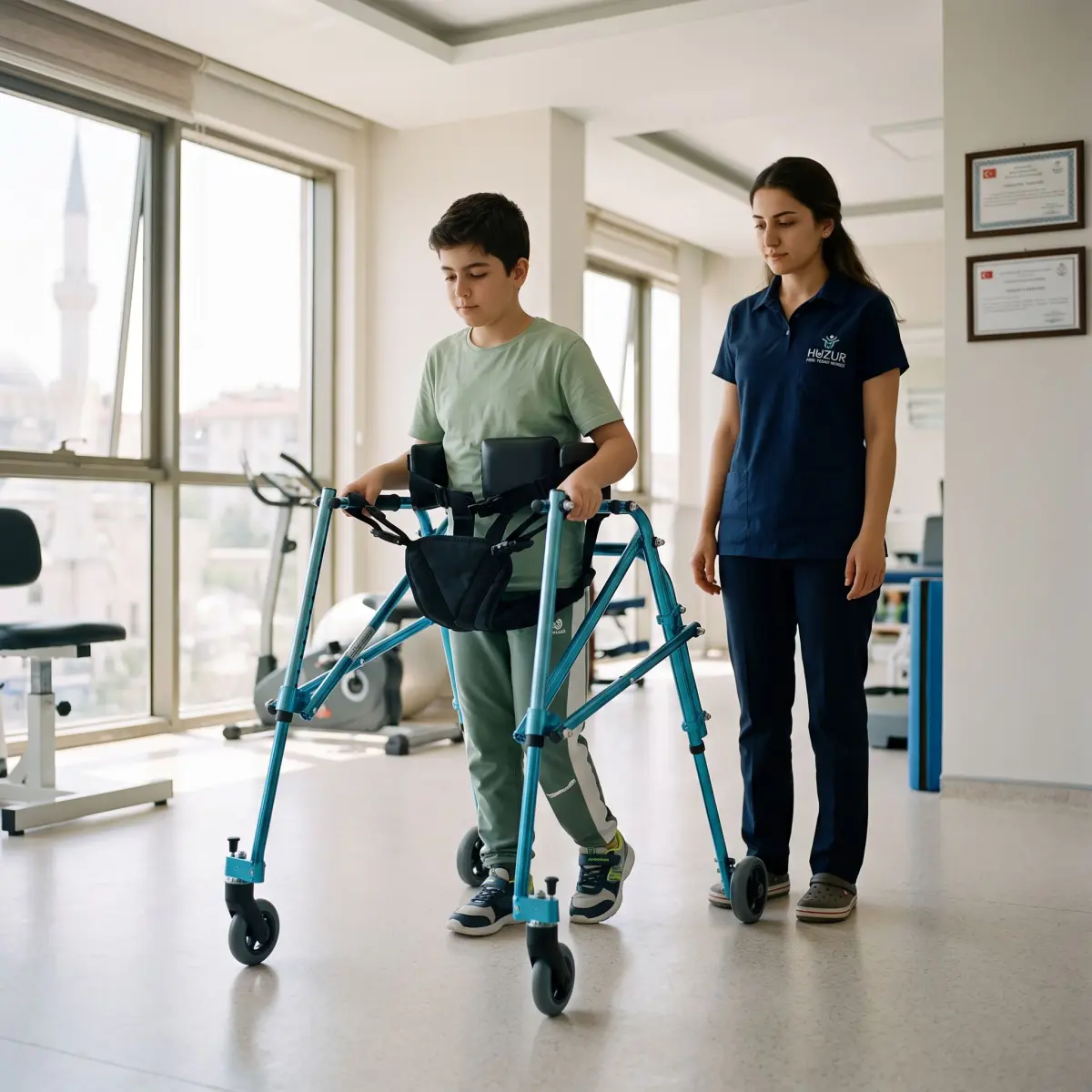 Rehabilitasyon merkezinde Moxie Walker kullanan kişi ve yanında fizyoterapist