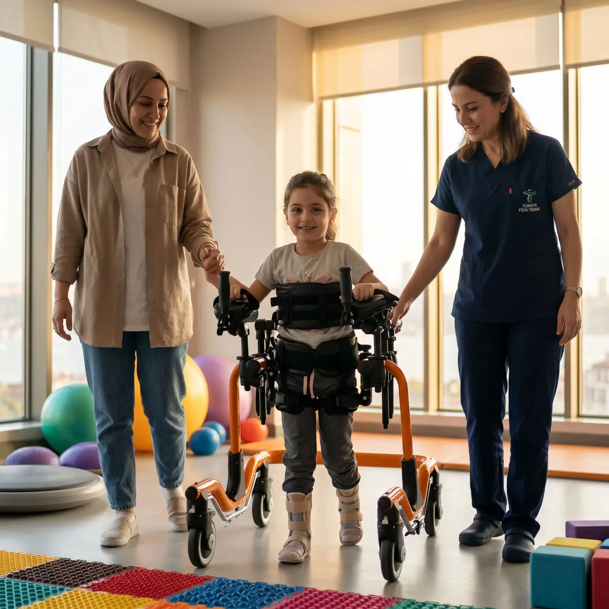 Pediatrik ters walker kullanan çocuk ve yanında destek veren uzman