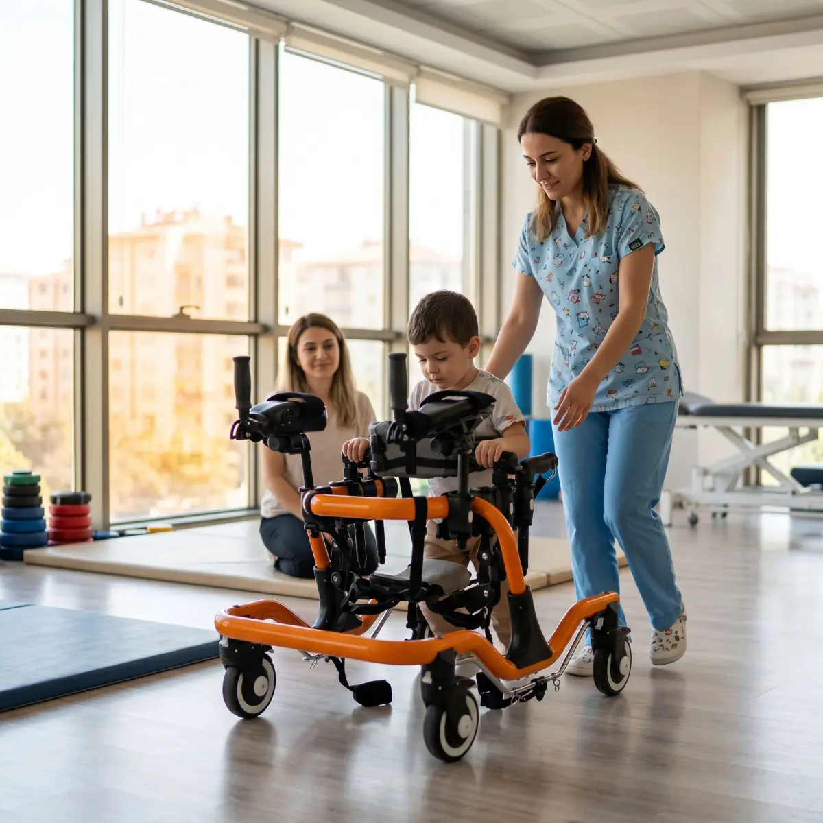 Rehabilitasyon merkezinde Nimbo Walker benzeri ters walker kullanan çocuk ve fizyoterapist