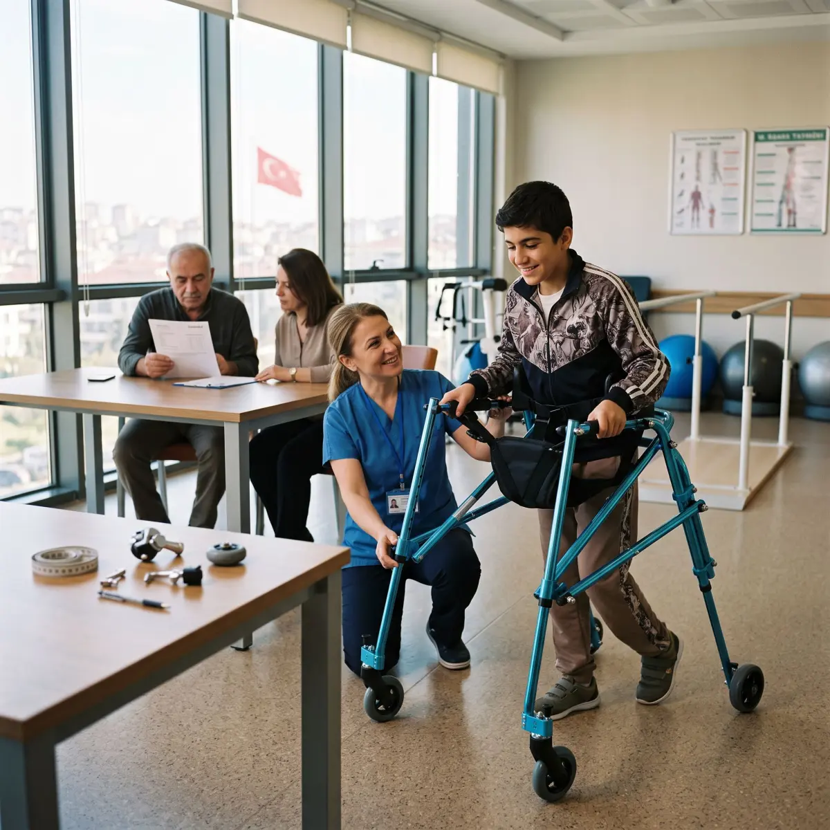 Fizyoterapist eşliğinde Moxie Walker beden ve aksesuar ayarı yapılan gerçekçi rehabilitasyon sahnesi