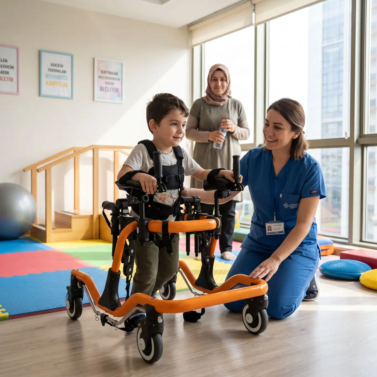 Fizyoterapist eşliğinde pediatrik ters walker kullanan serebral palsili çocuk