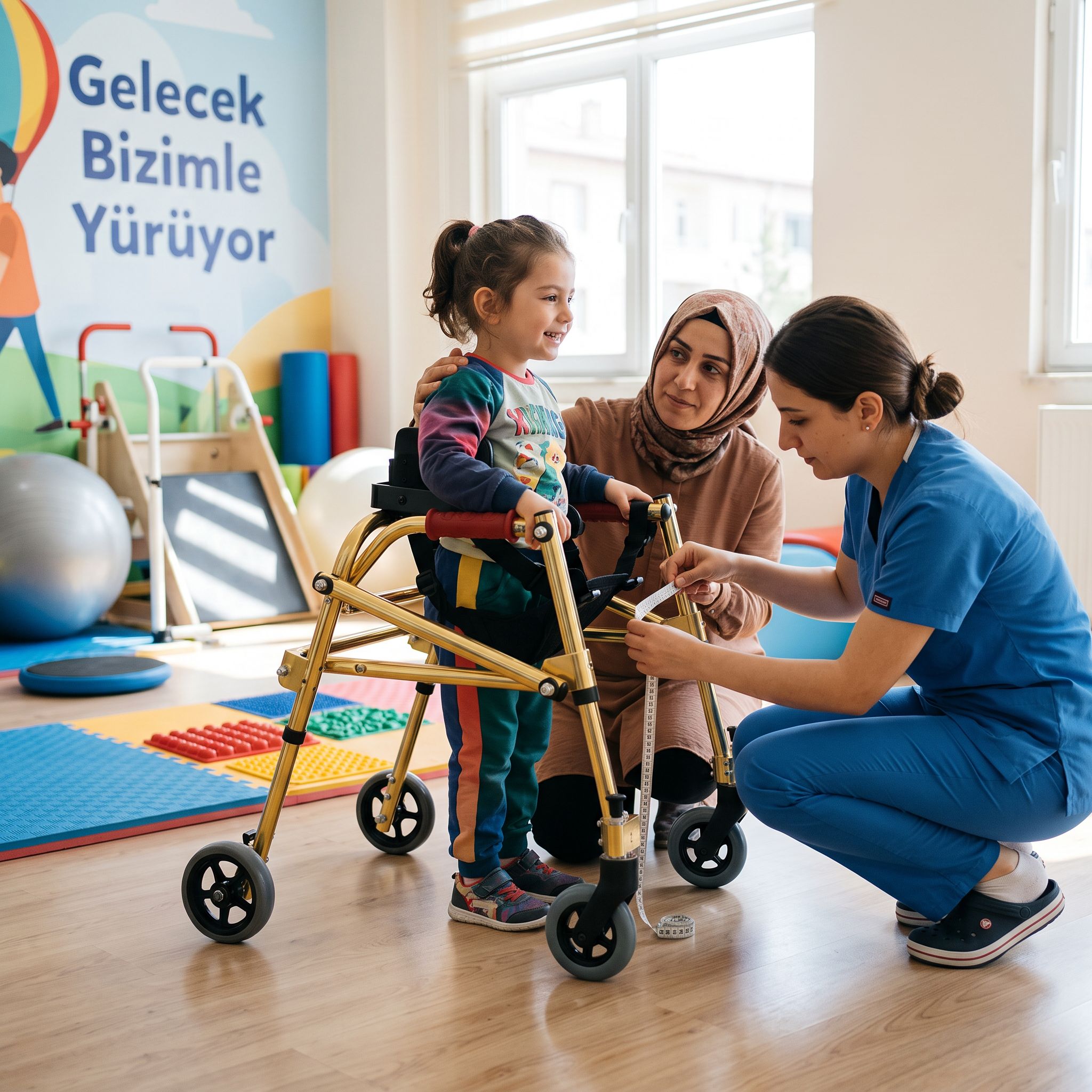 Bir çocuğa uygun ters yürütecin boy ve ölçü ayarlarının kontrol edildiği gerçekçi sahne