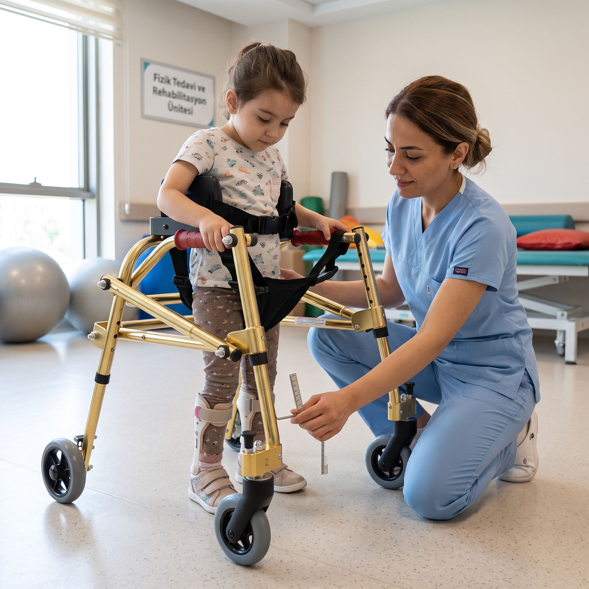 Bir uzmanın pediatrik ters walker ölçüsünü çocuk için ayarladığı gerçekçi klinik sahne