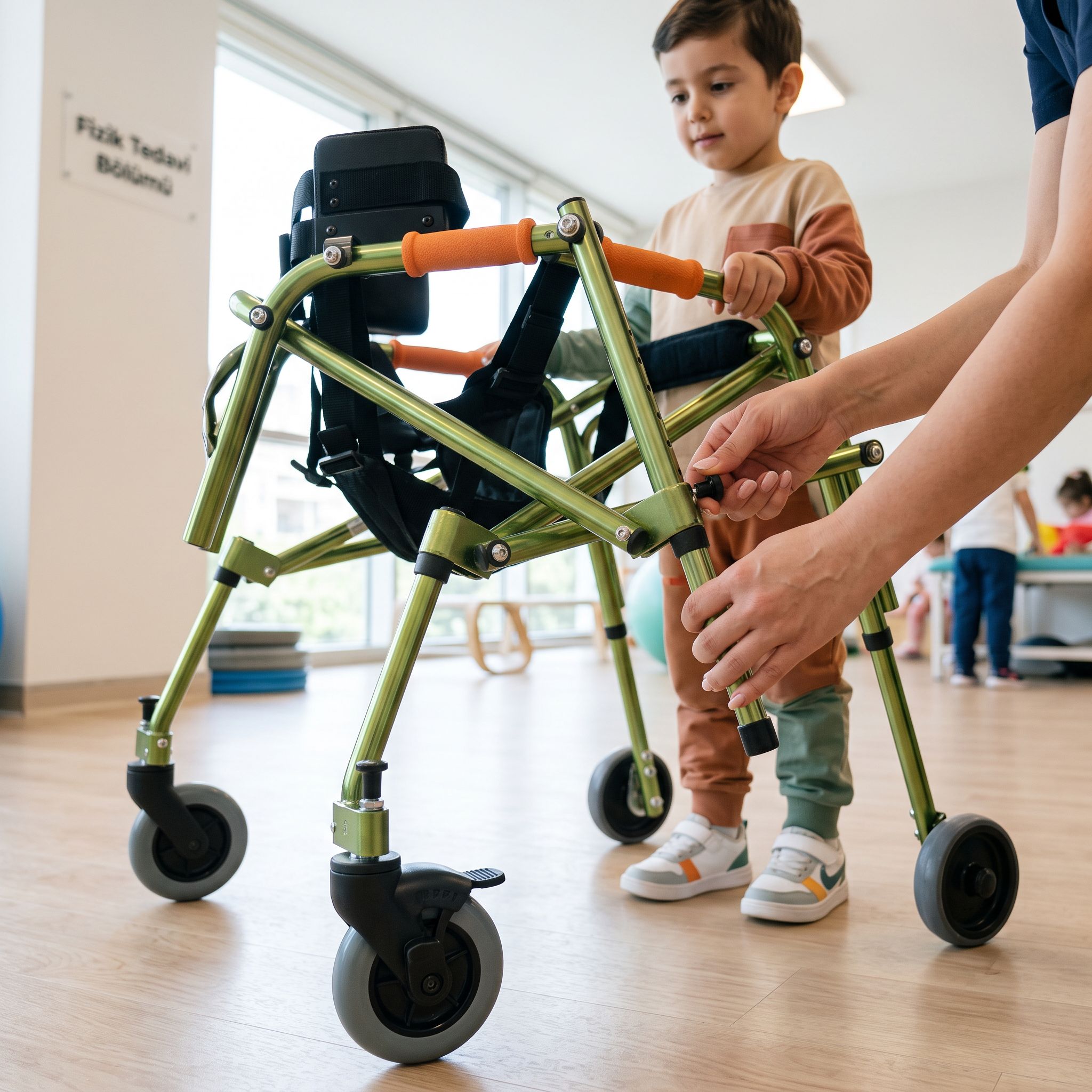 Medium ters walker parçaları olan tutma kolu, teker ve fren detayları
