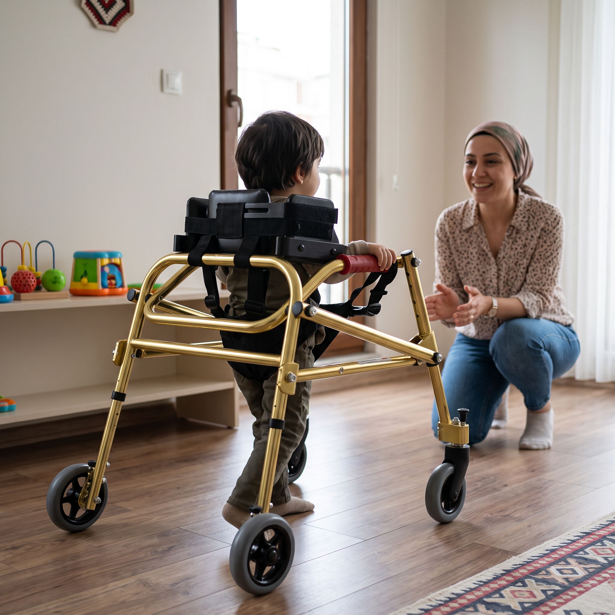 Çocukların kullanımına uygun pediatrik ters walker ile destekli yürüyüş