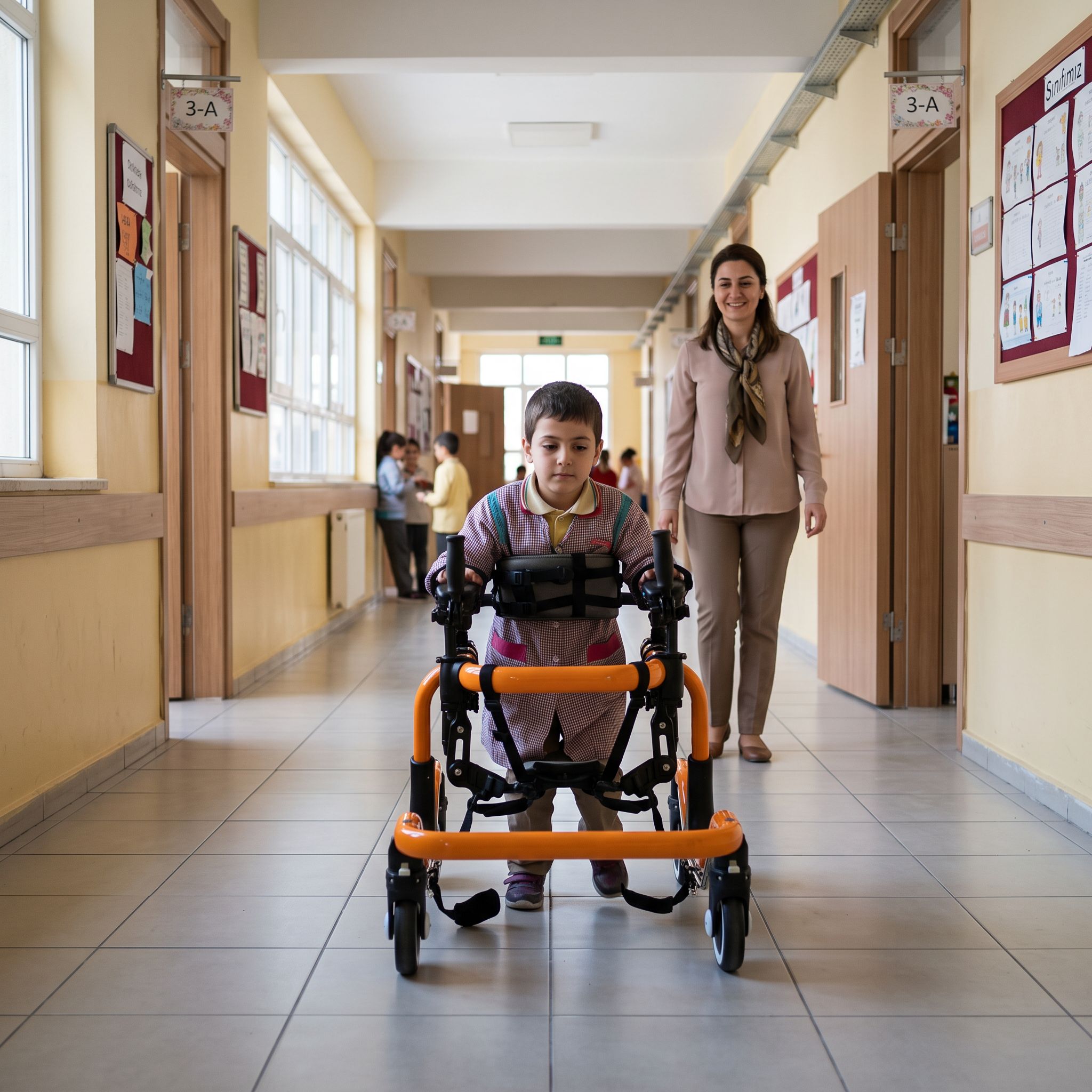 Okul koridorunda pediatrik ters walker kullanan çocuk ve öğretmen