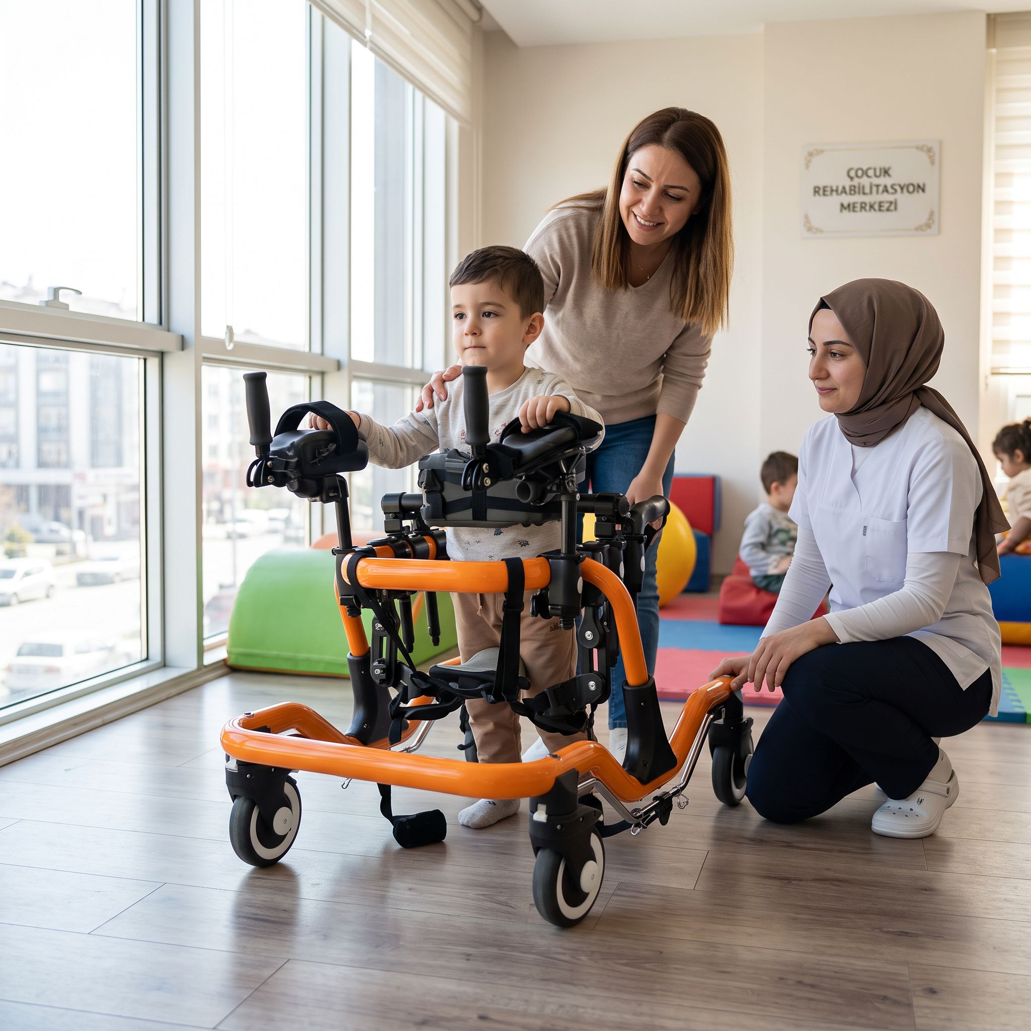 Pediatrik ters walker ile yürüyüş çalışması yapan çocuk ve yanında ailesi