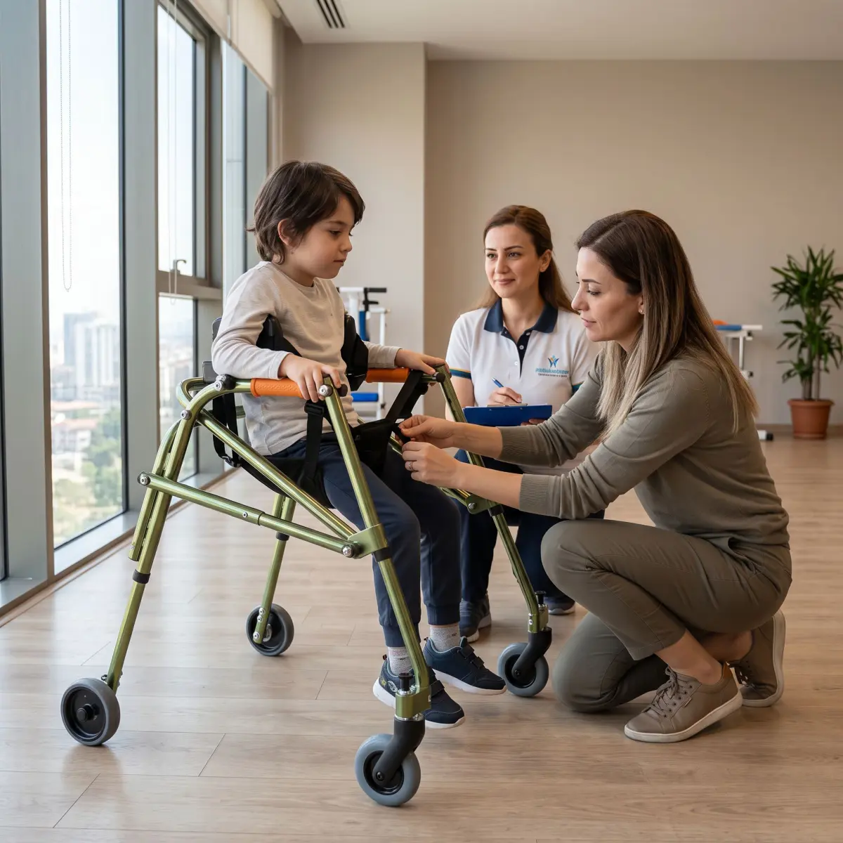 Moxie Walker oturma aparatı ölçü ve uyumluluk kontrolü yapılan gerçekçi rehabilitasyon sahnesi