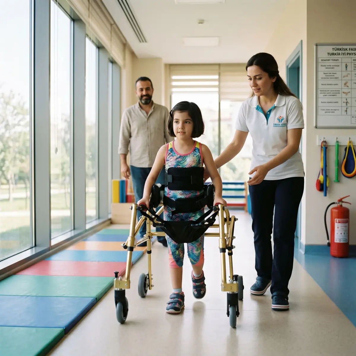 Özel eğitim ve rehabilitasyon merkezinde pediatrik ters walker ile yürüme çalışması yapan çocuk