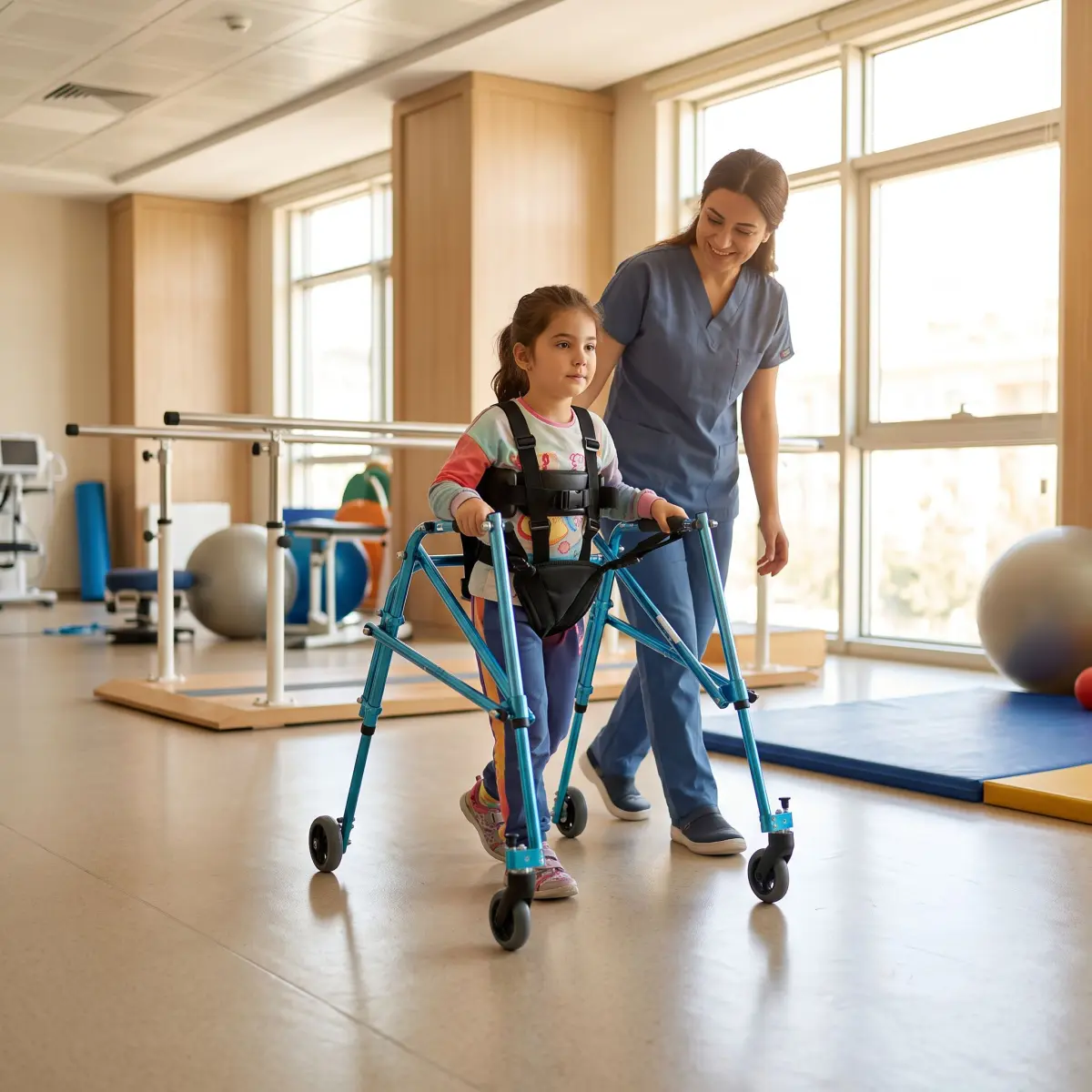 Rehabilitasyon merkezinde ters walker kullanan çocuk ve yanında güvenli şekilde eşlik eden yetişkin