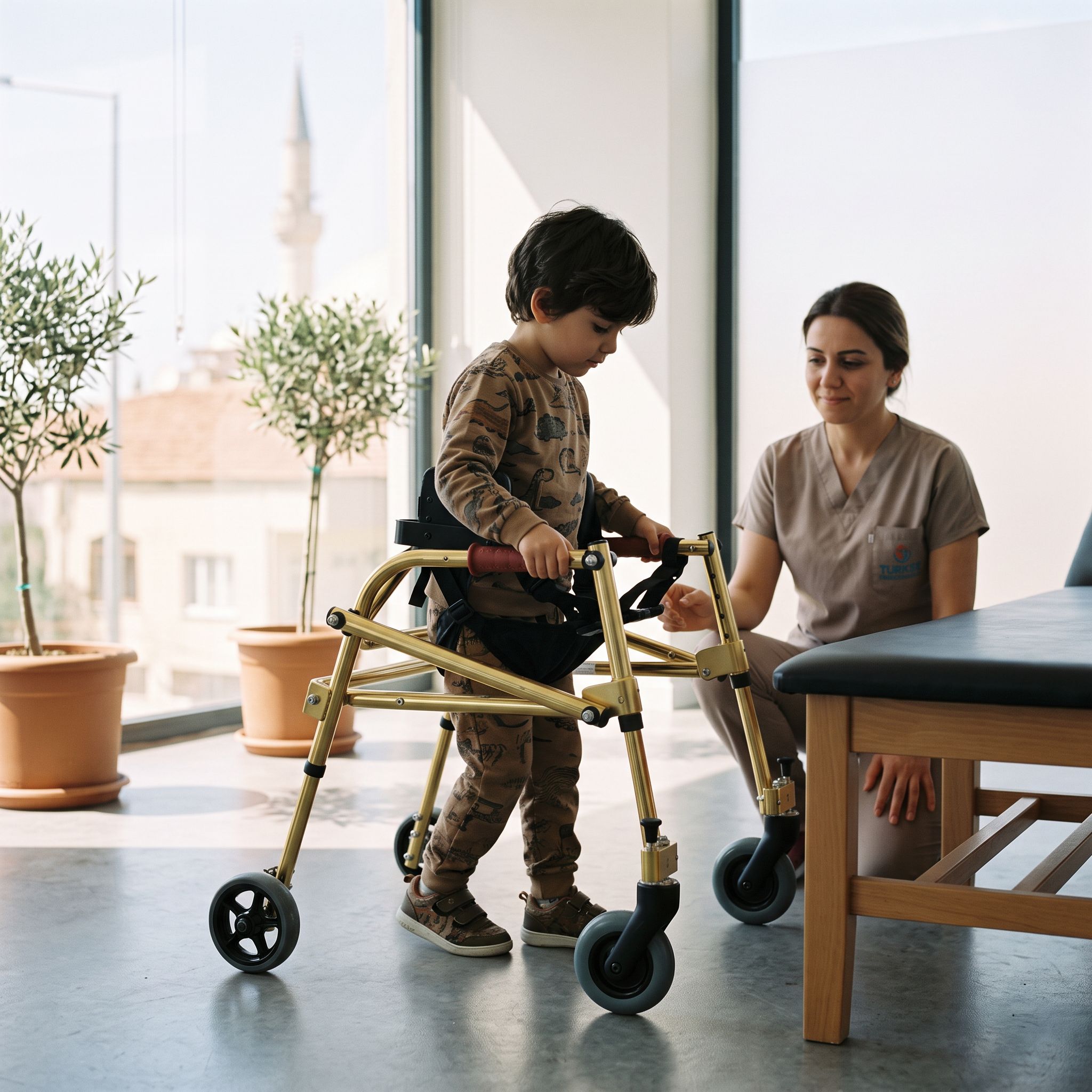 Çocuğun pediatrik ters walker kullandığı gerçekçi bir iç mekân sahnesi