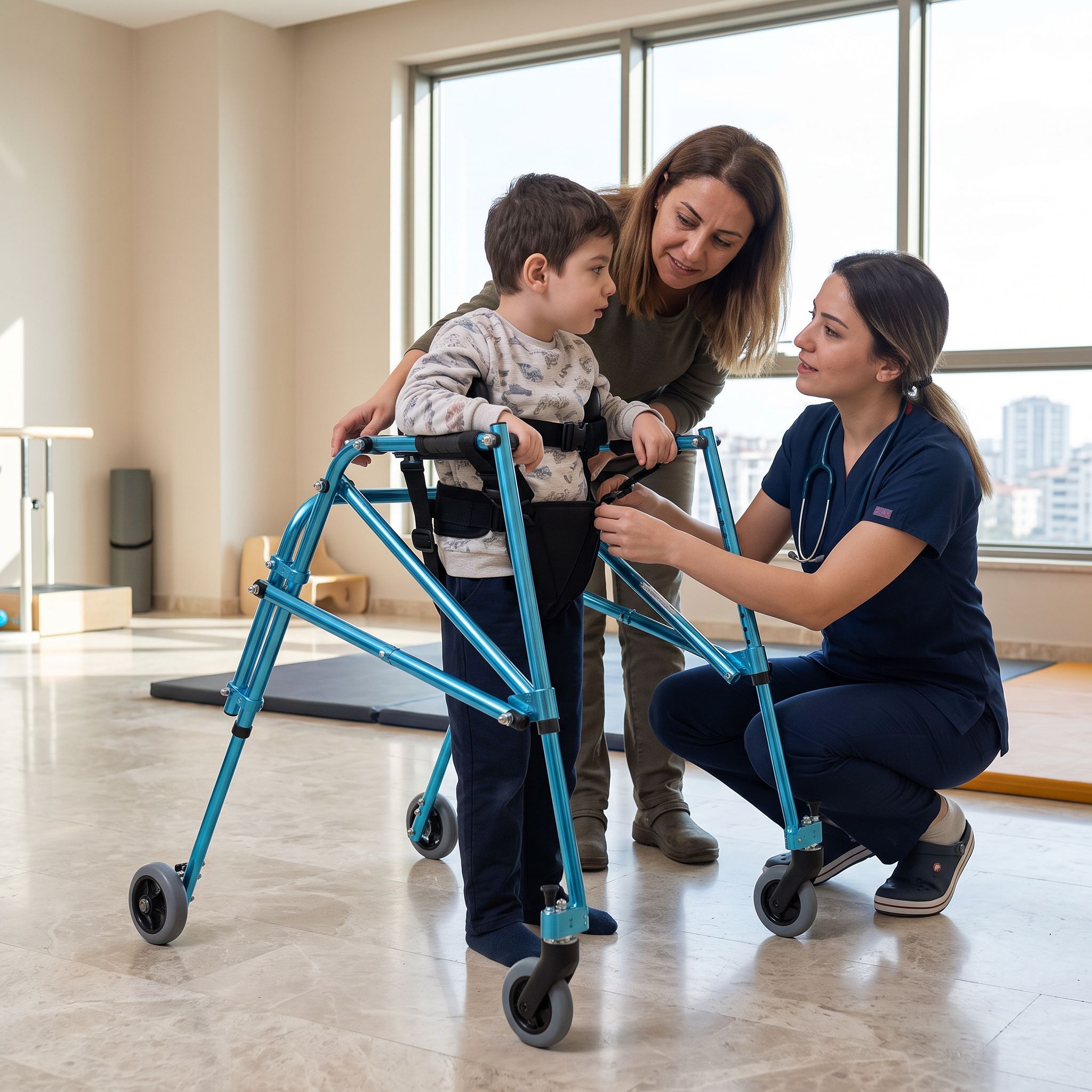 Bir çocuk için ters walker'ın klinik ortamda incelendiği gerçekçi sahne