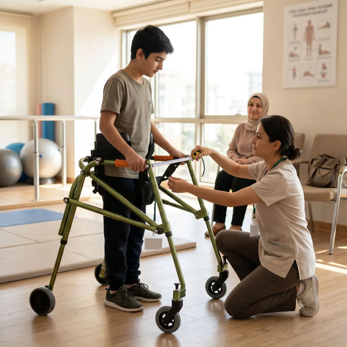 Fizyoterapi kliniğinde ters walker ölçüsü kontrol edilen genç kullanıcı