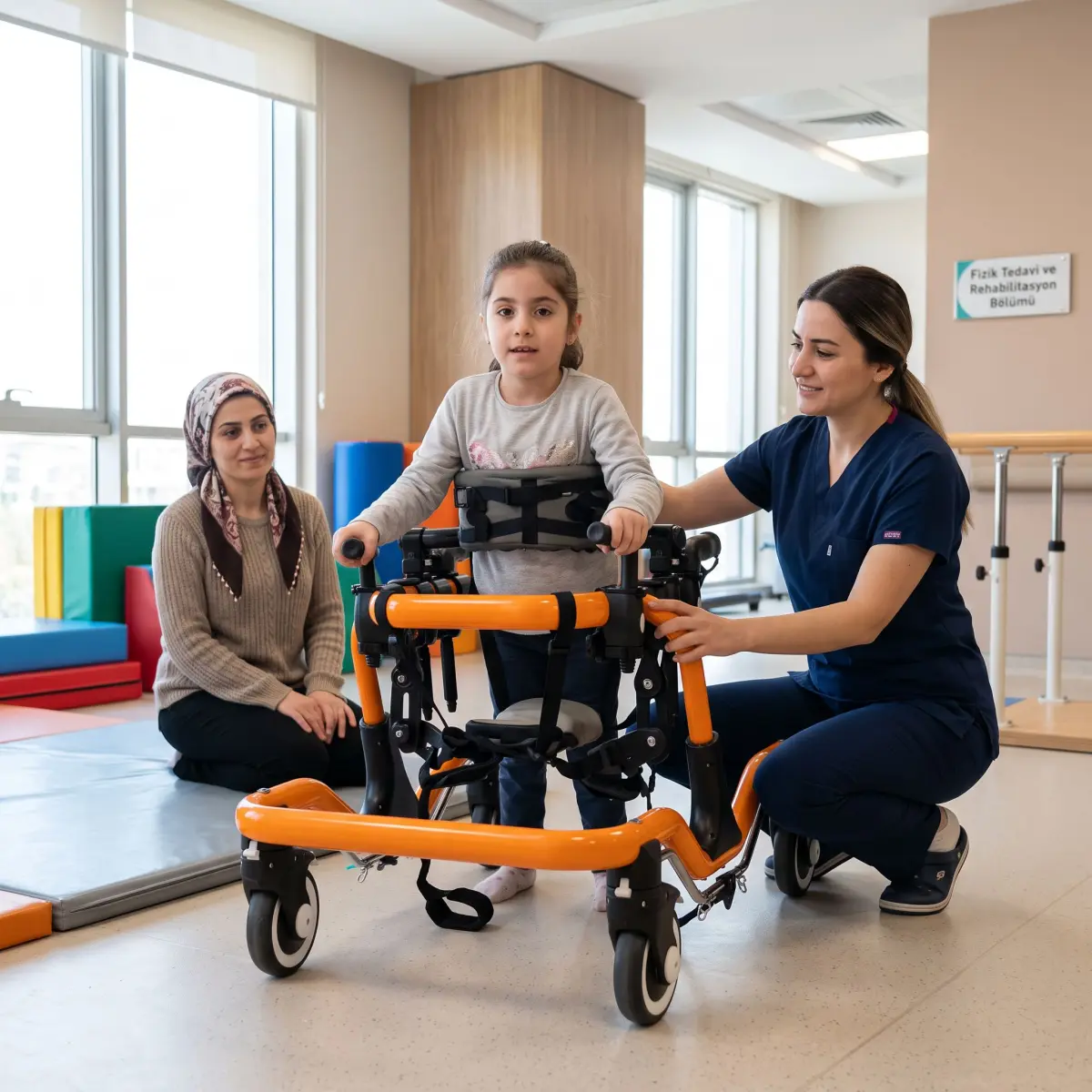 Serebral palsili bir çocuğun fizyoterapist eşliğinde ters walker kullanması