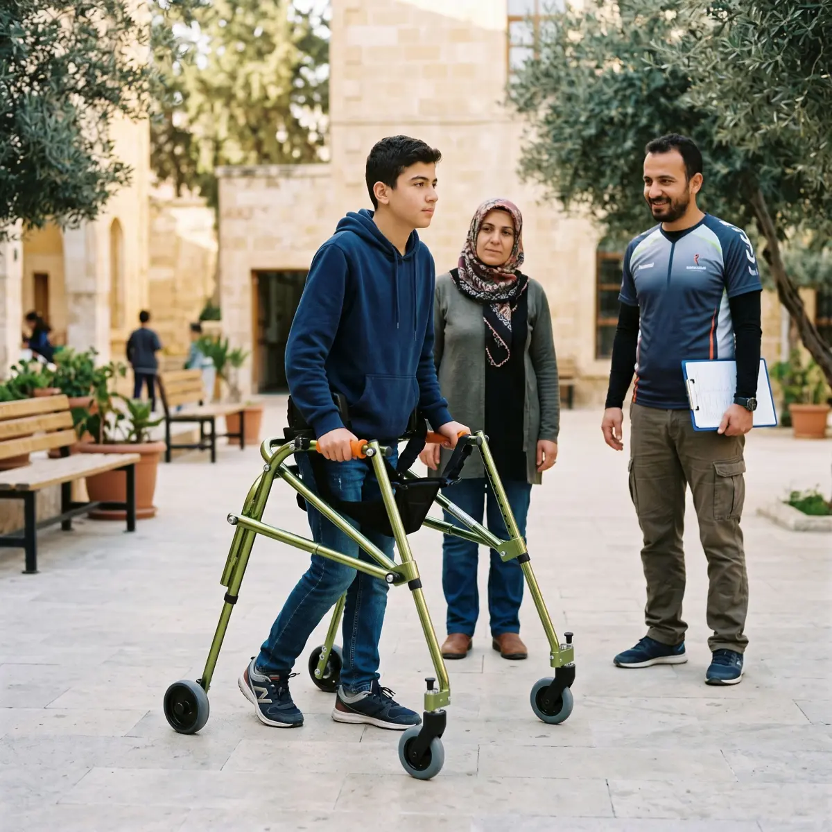 Okul avlusunda ters walker ile bağımsız hareket pratiği yapan genç