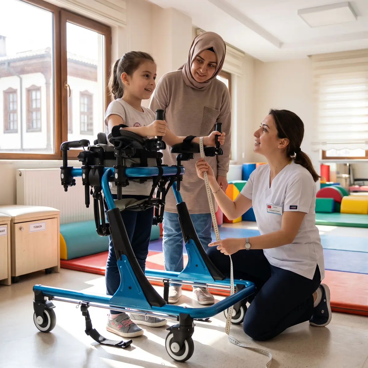 Fizyoterapist eşliğinde Nimbo Walker tutma yüksekliği ölçülen çocuk