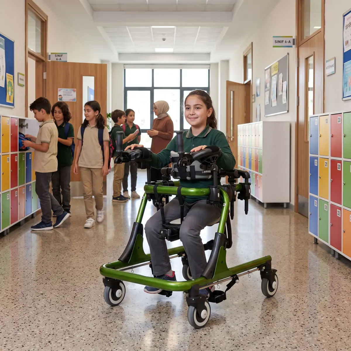 Okul koridorunda medium ters walker kullanan öğrenci ve günlük kullanım ortamı