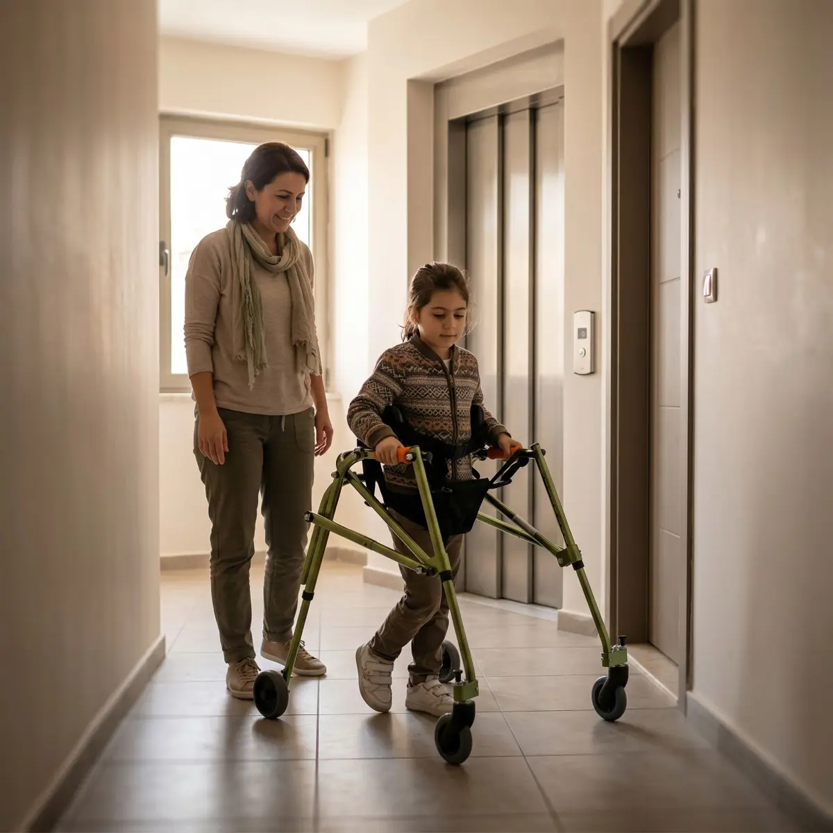 Dar koridor ve asansör önünde medium ters walker ile güvenli dönüş çalışması yapan kullanıcı