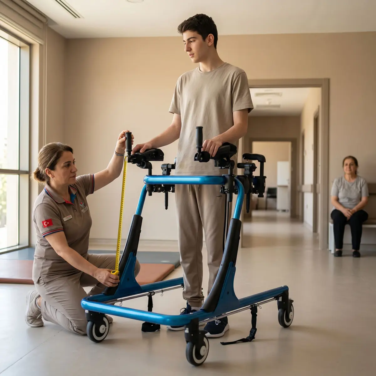 Uzun boylu kullanıcı için büyük ters walker ölçüsü alınırken fizyoterapist tutma kolu yüksekliğini kontrol ediyor