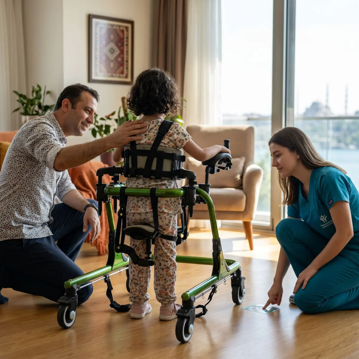 Ev ortamında uzman eşliğinde ters walker kullanmaya başlayan çocuk