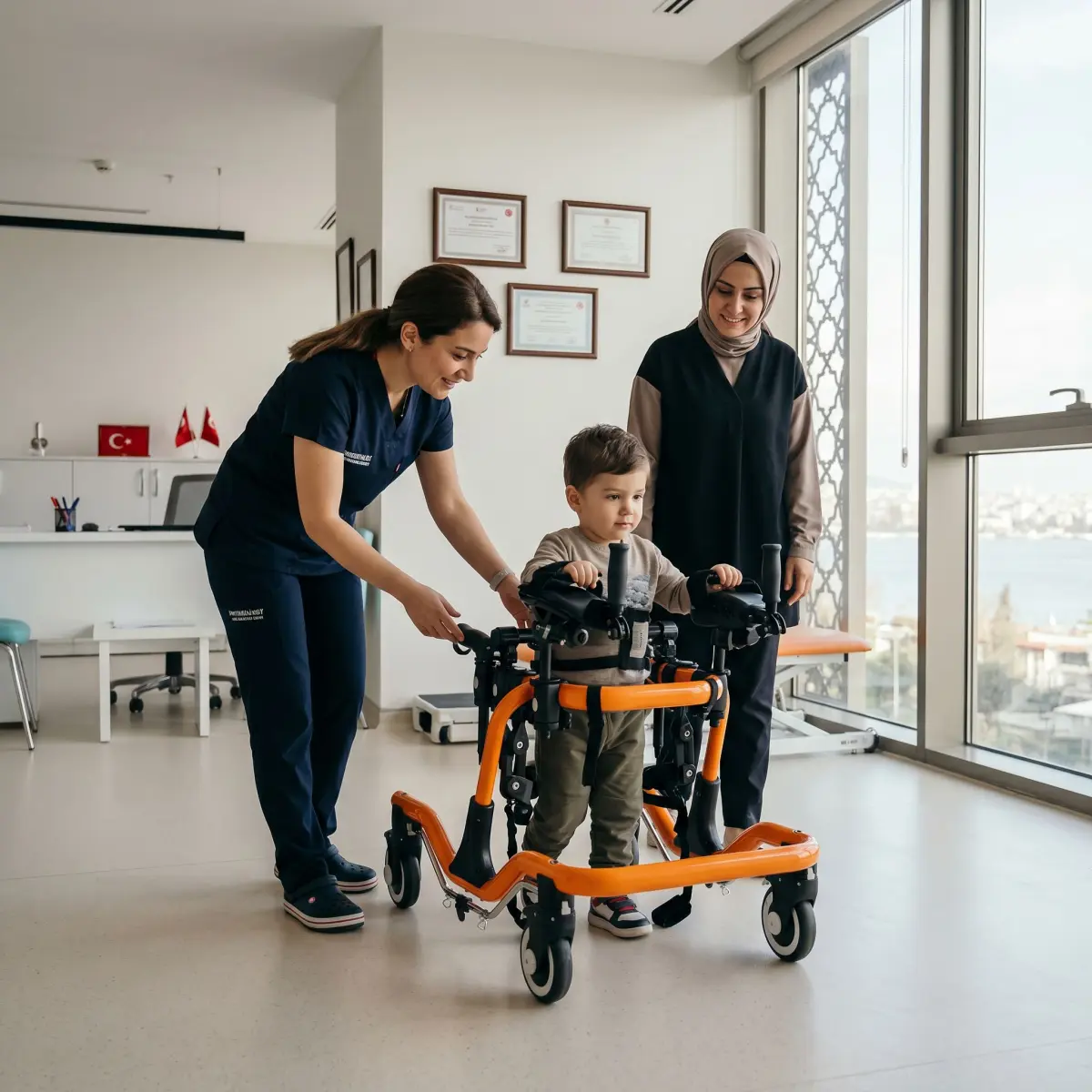 Fizyoterapist eşliğinde ters walker kullanan çocuk ve rapor sürecini değerlendiren aile
