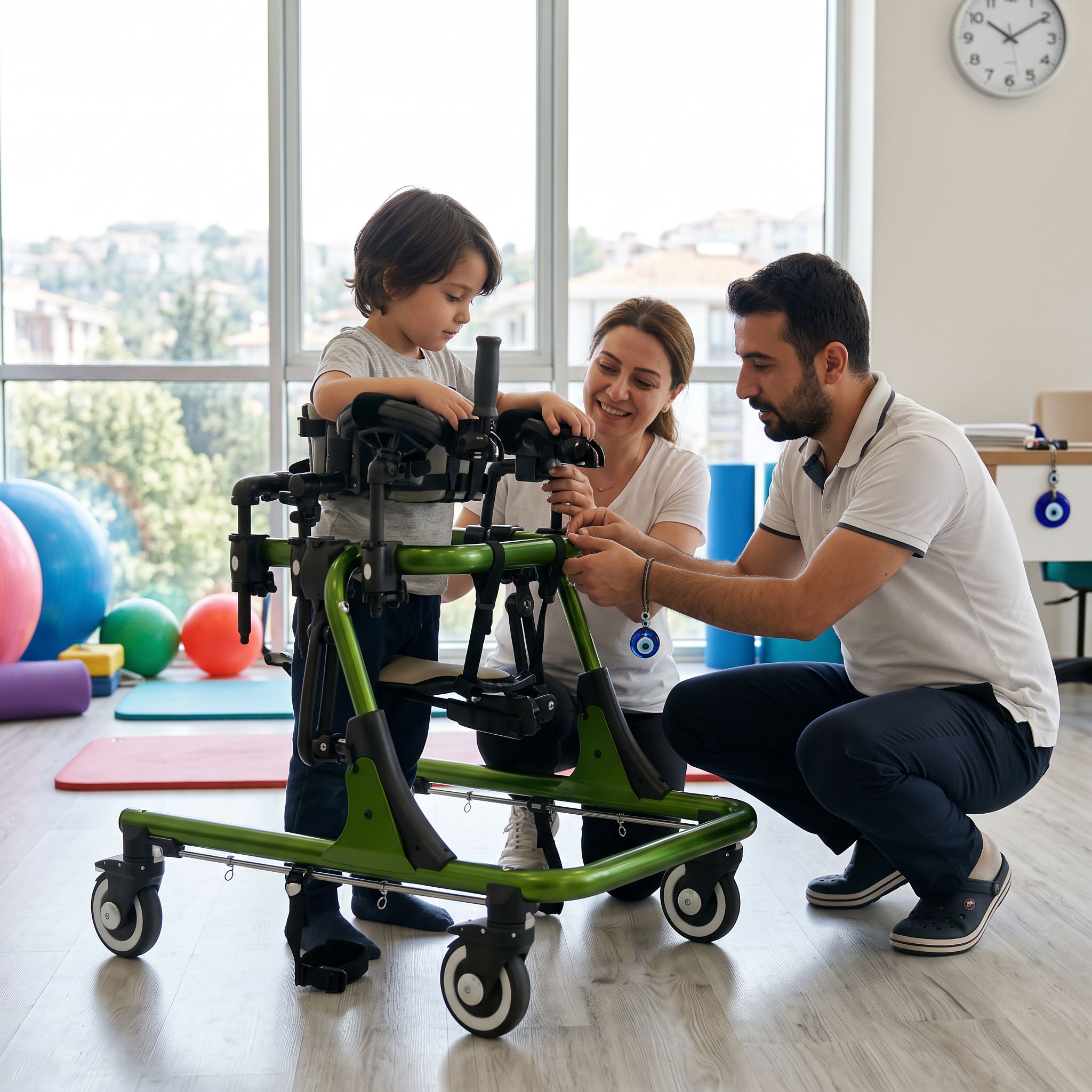 Bir klinik ortamında kullanılan pediatrik ters walker ve yanında inceleyen kişi