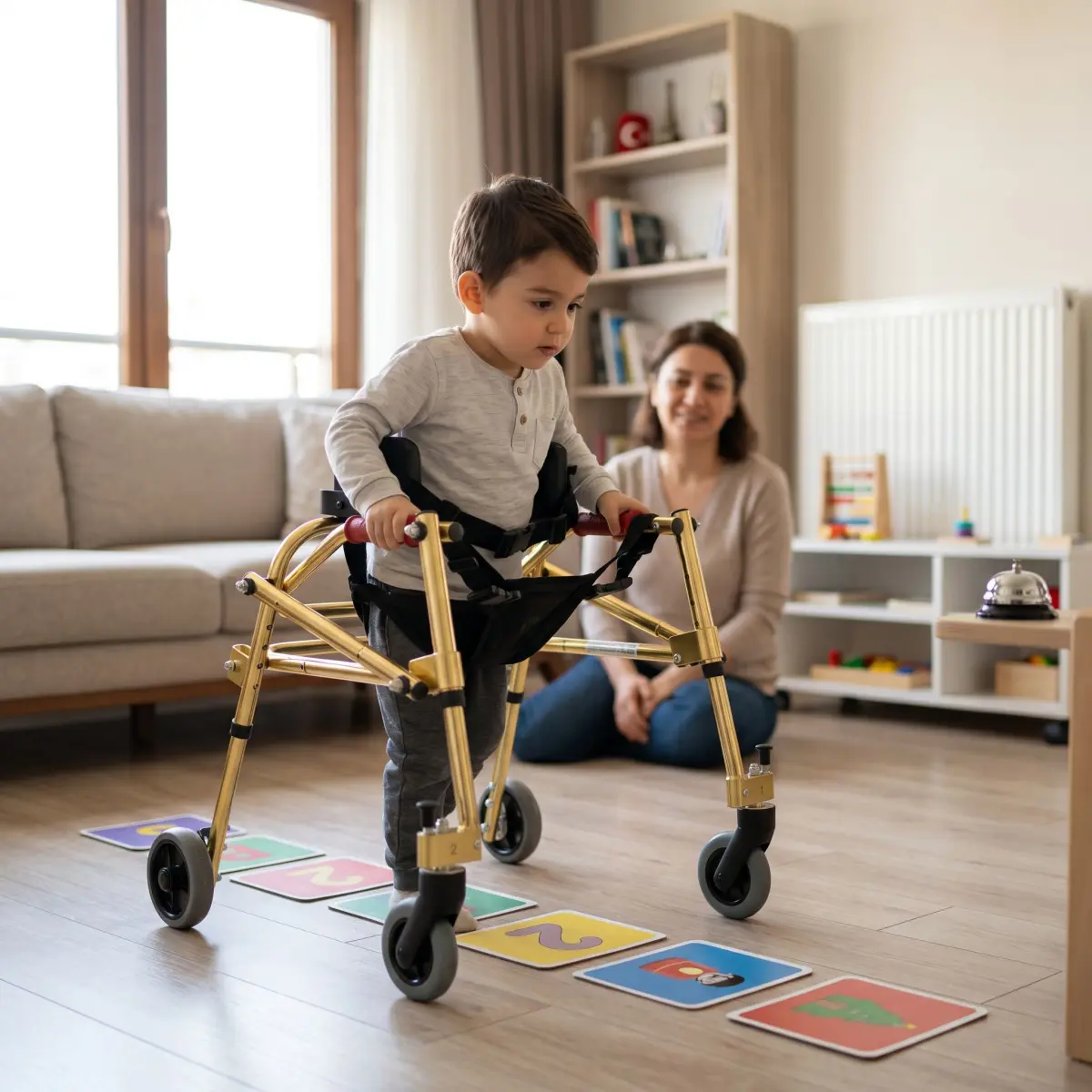 Evde ters walker ile renkli oyun rotasında yürüyüş egzersizi yapan çocuk
