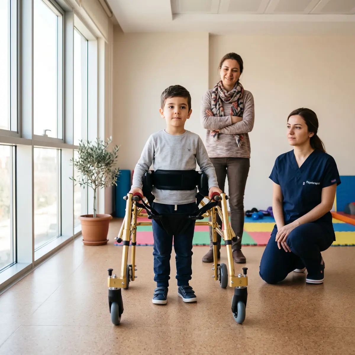 Spastik çocuk yürüteci kullanan bir çocuk ve yanında destek veren ebeveyn ile fizyoterapist